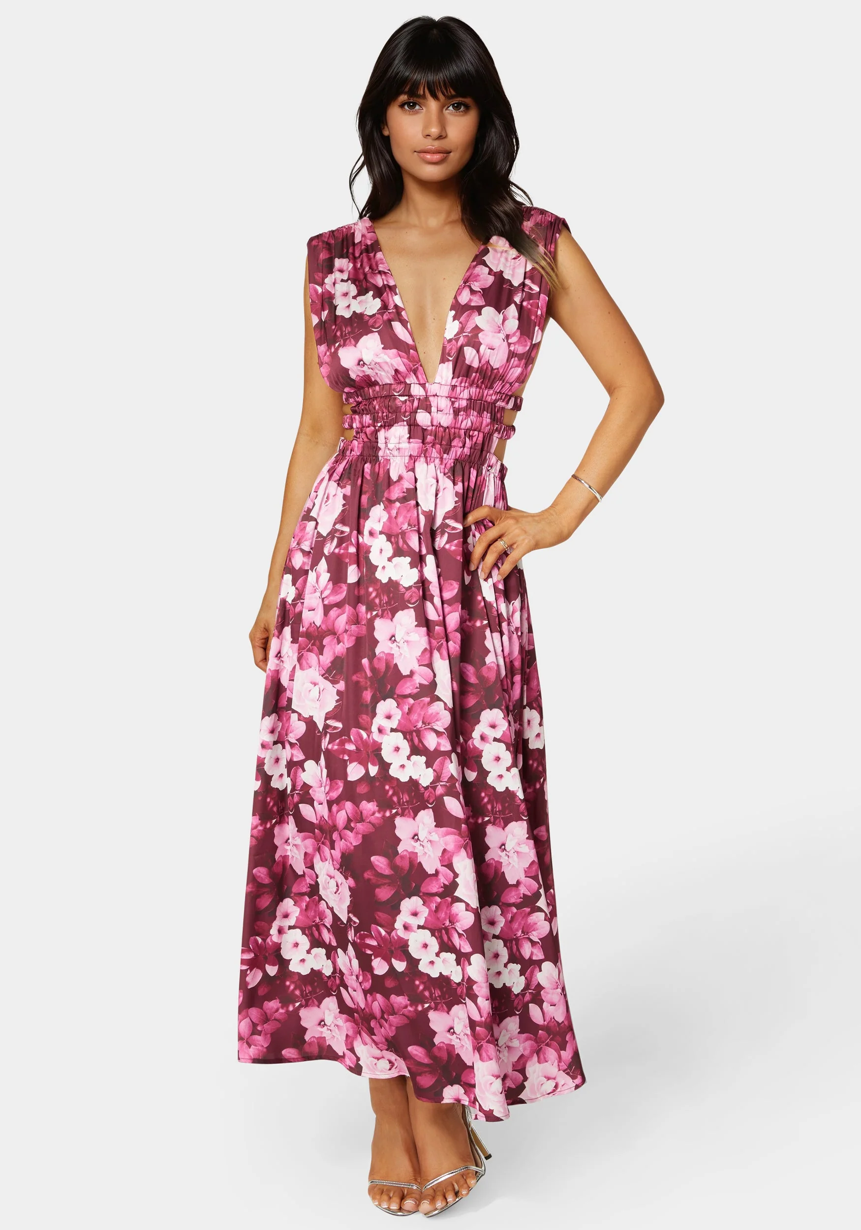 Satin V-Neck Cutout Maxi Dress