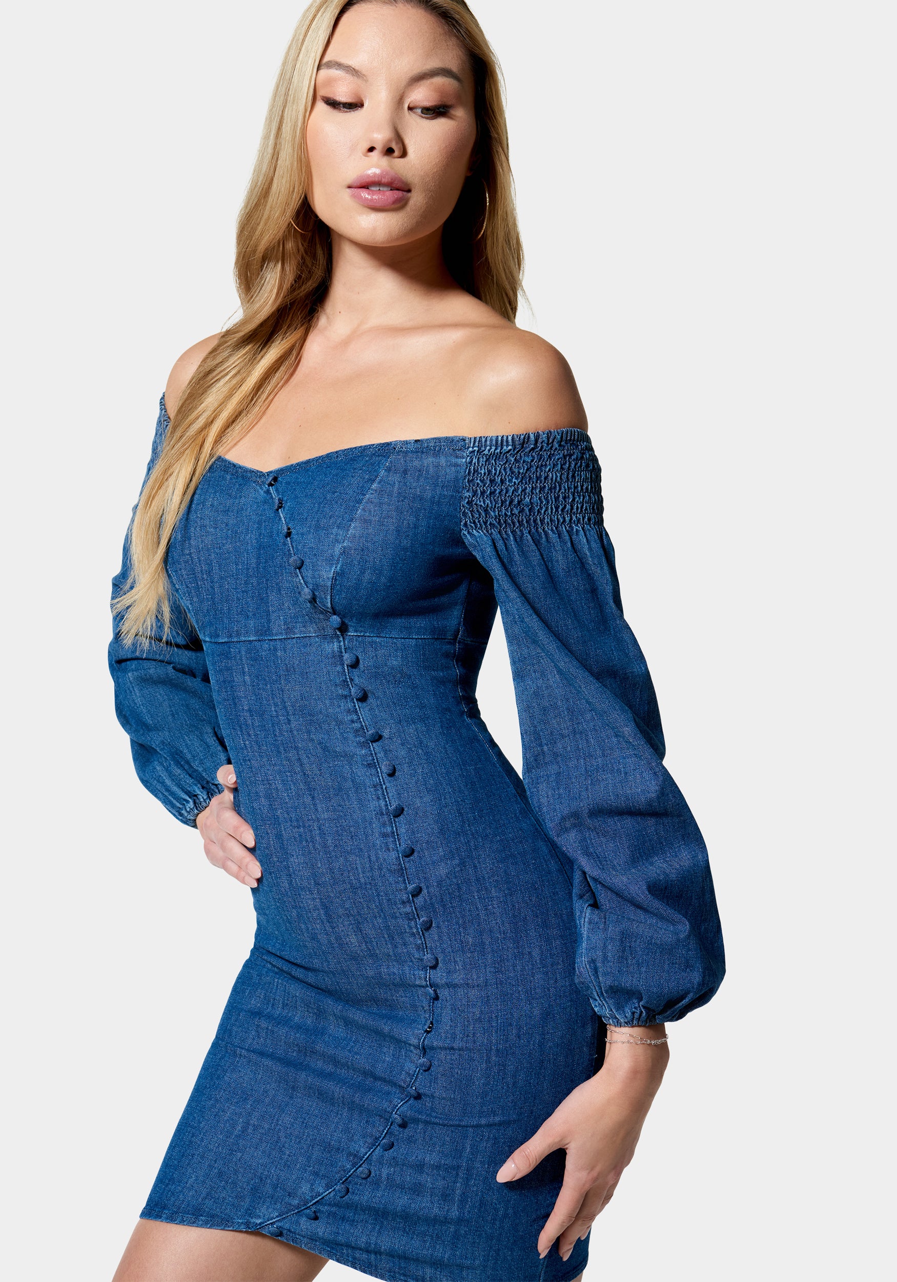 1163-denim-cold-shoulder-button-detail-dress-2.jpg Denim Cold Shoulder Button Detail Dress