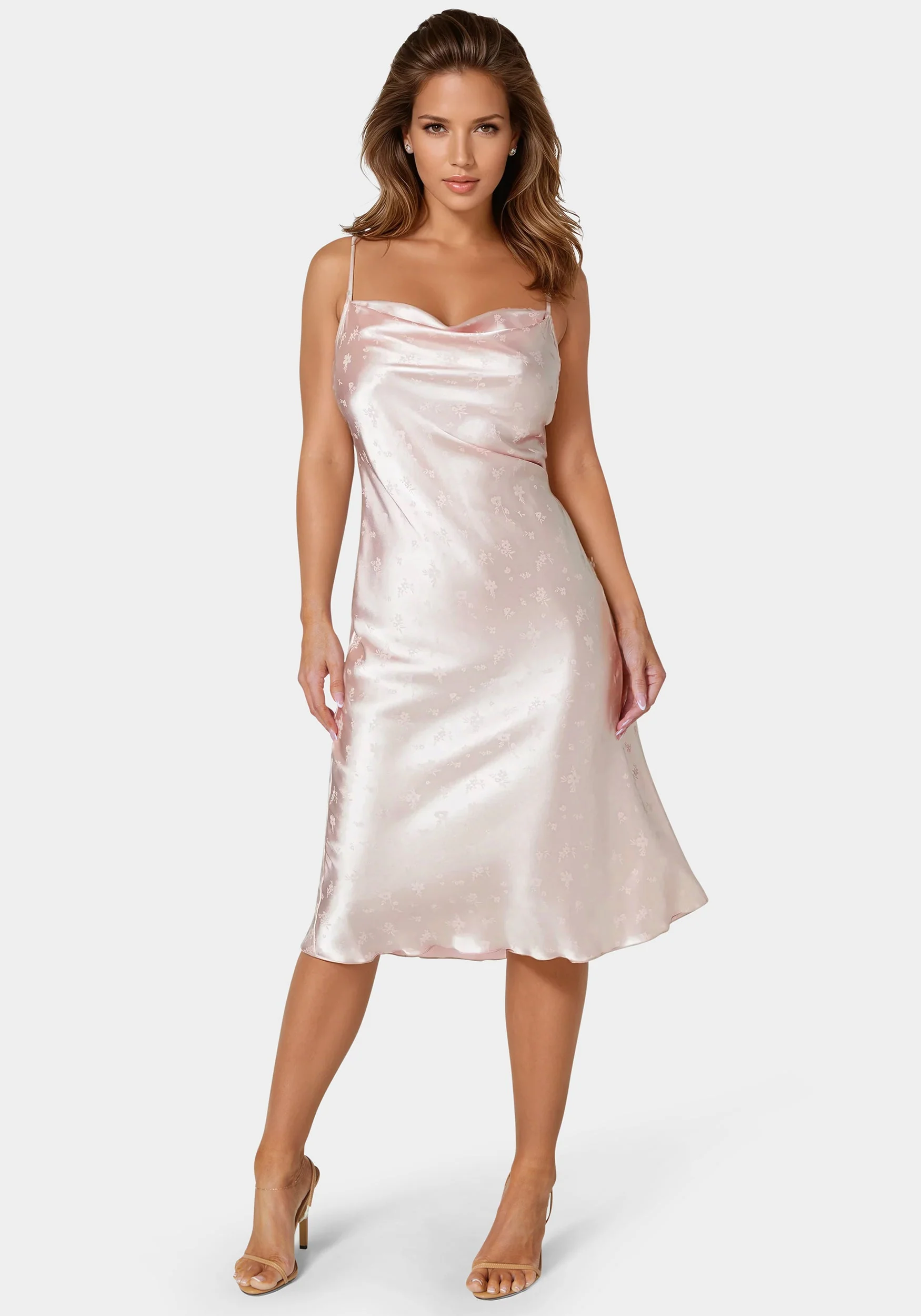 Cowl Neck Midi Satin Jacquard Dress