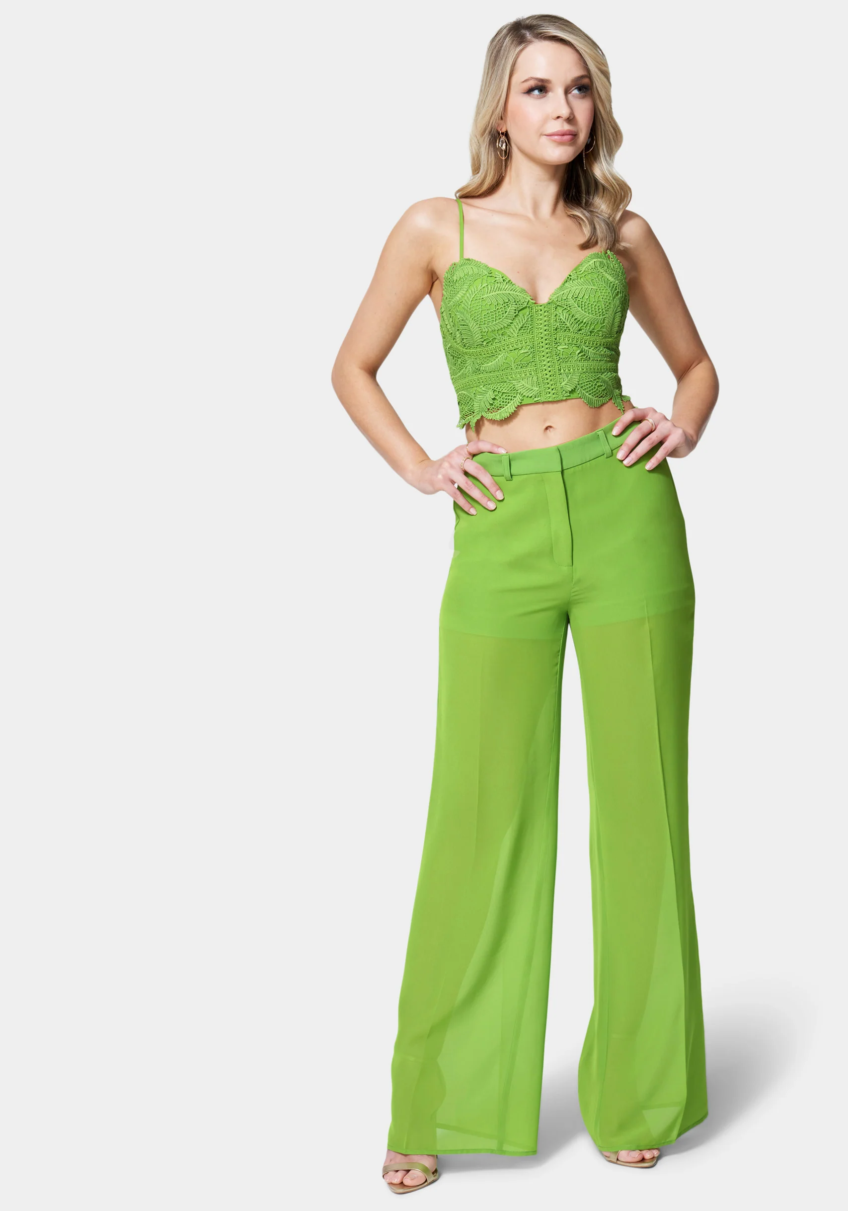 High Waist Chiffon Wide Leg Illusion Woven Twill Pant