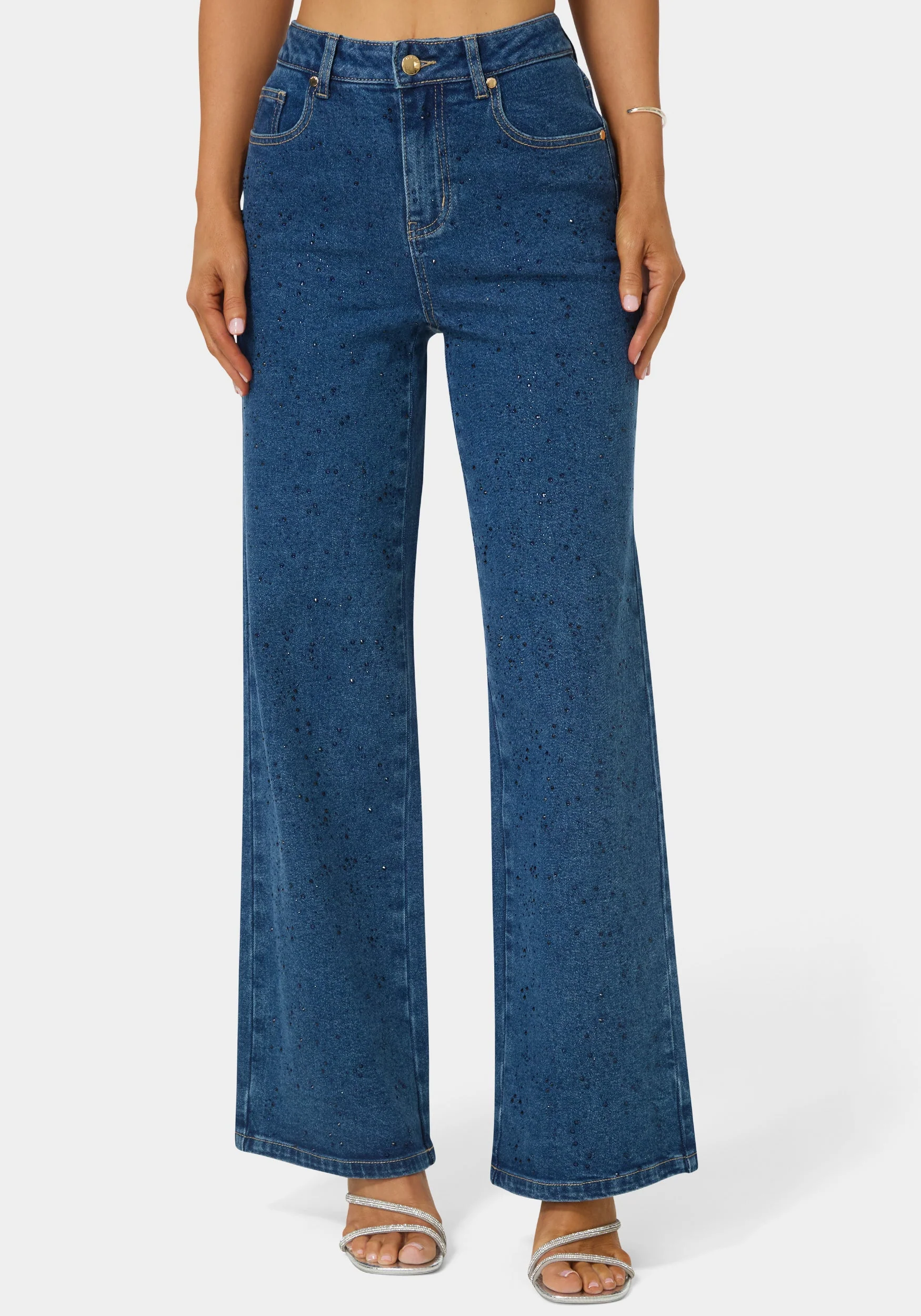 Natural Waist Rhinestone Wide Leg Jeans