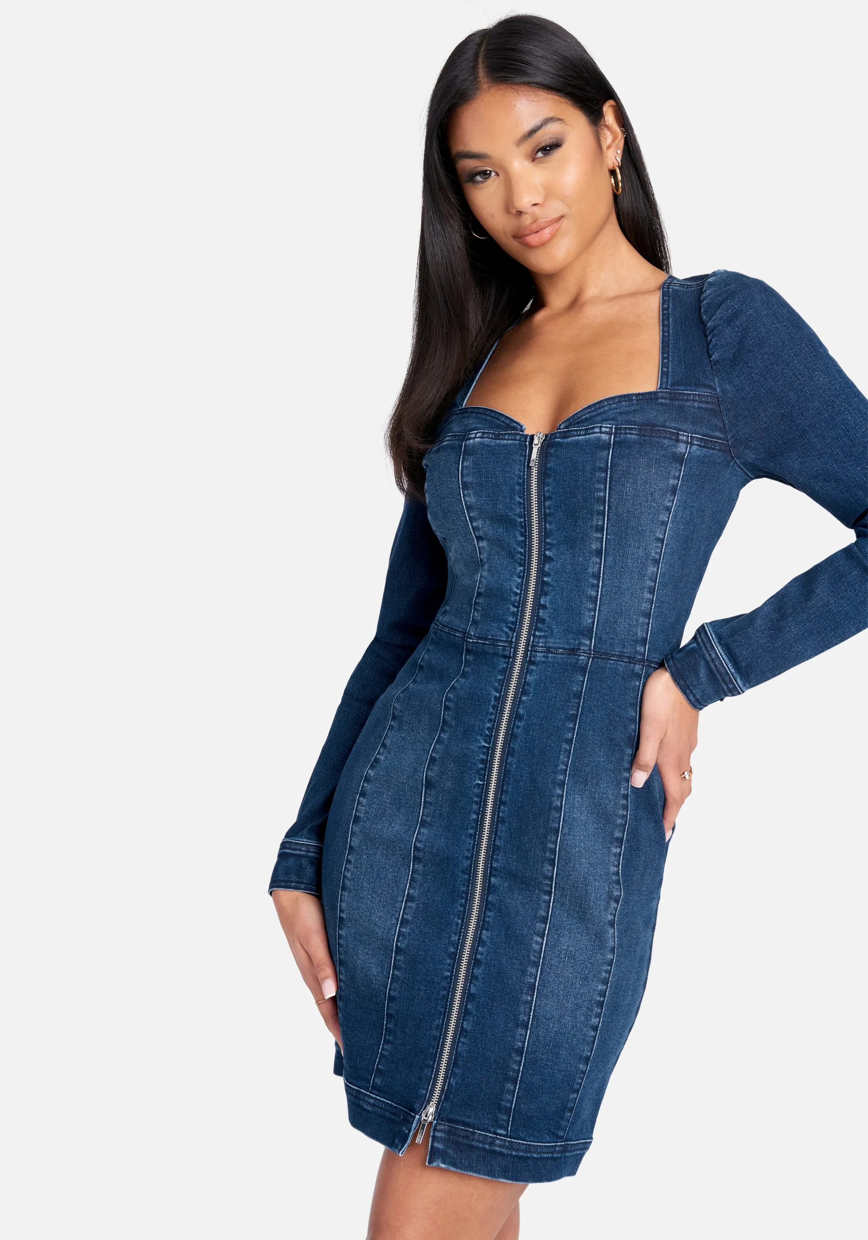 1790-long-sleeve-zip-front-bustier-denim-dress-1.webp Long Sleeve Zip Front Bustier Denim Dress