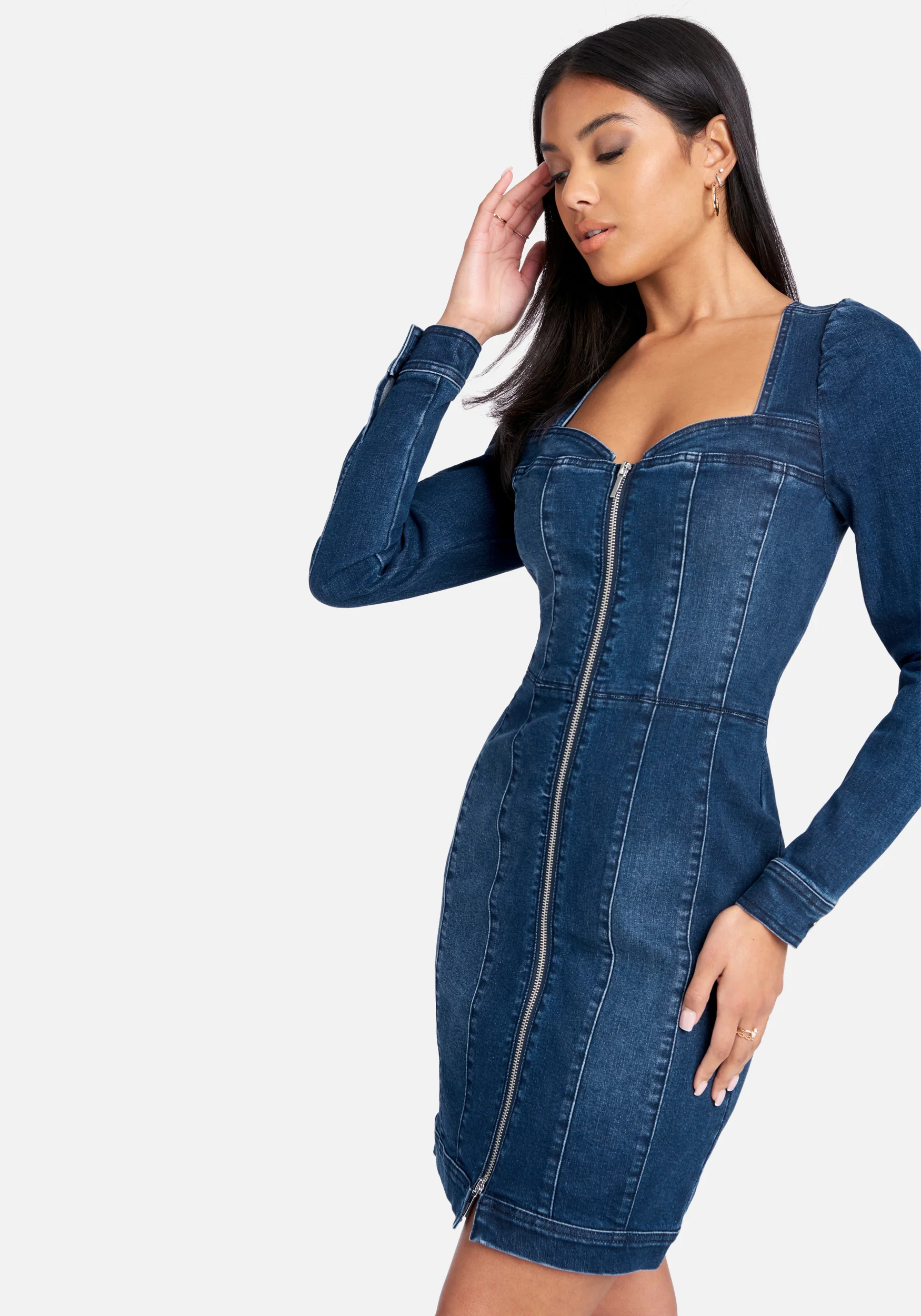 1790-long-sleeve-zip-front-bustier-denim-dress-3.webp Long Sleeve Zip Front Bustier Denim Dress