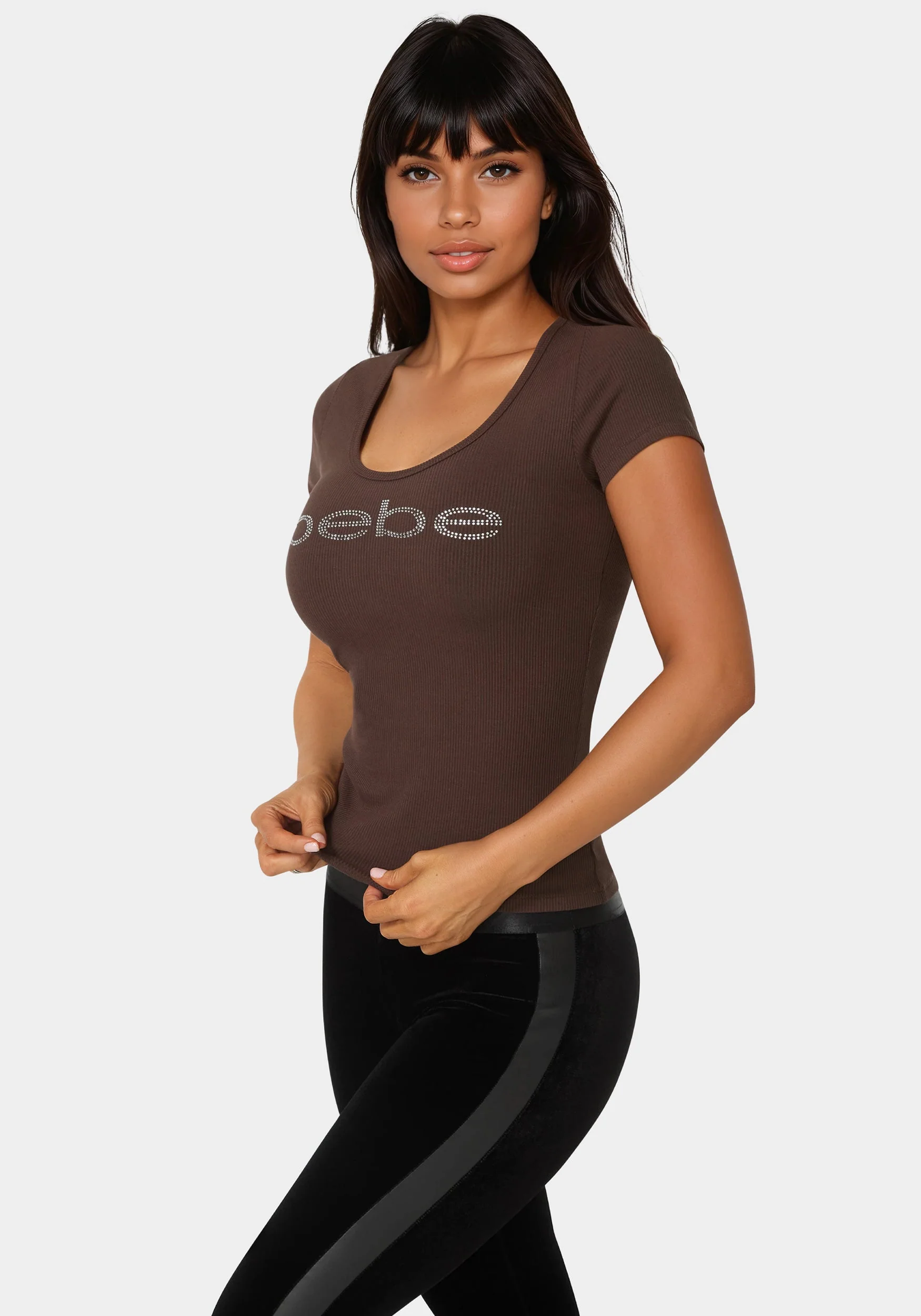 Bebe Logo Short Sleeve Round Neck Rib Top