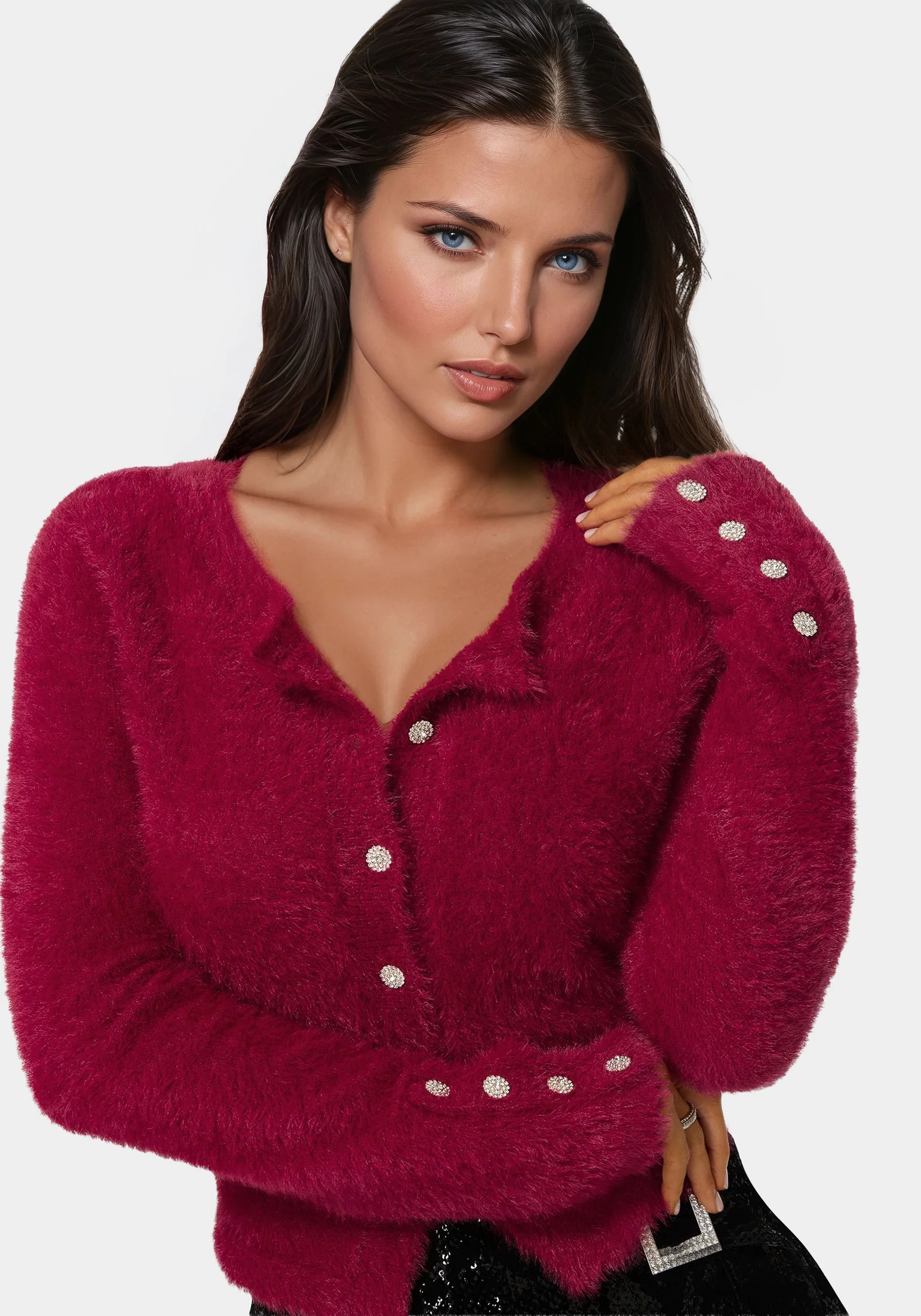 Jewel Button Fuzzy Cardigan