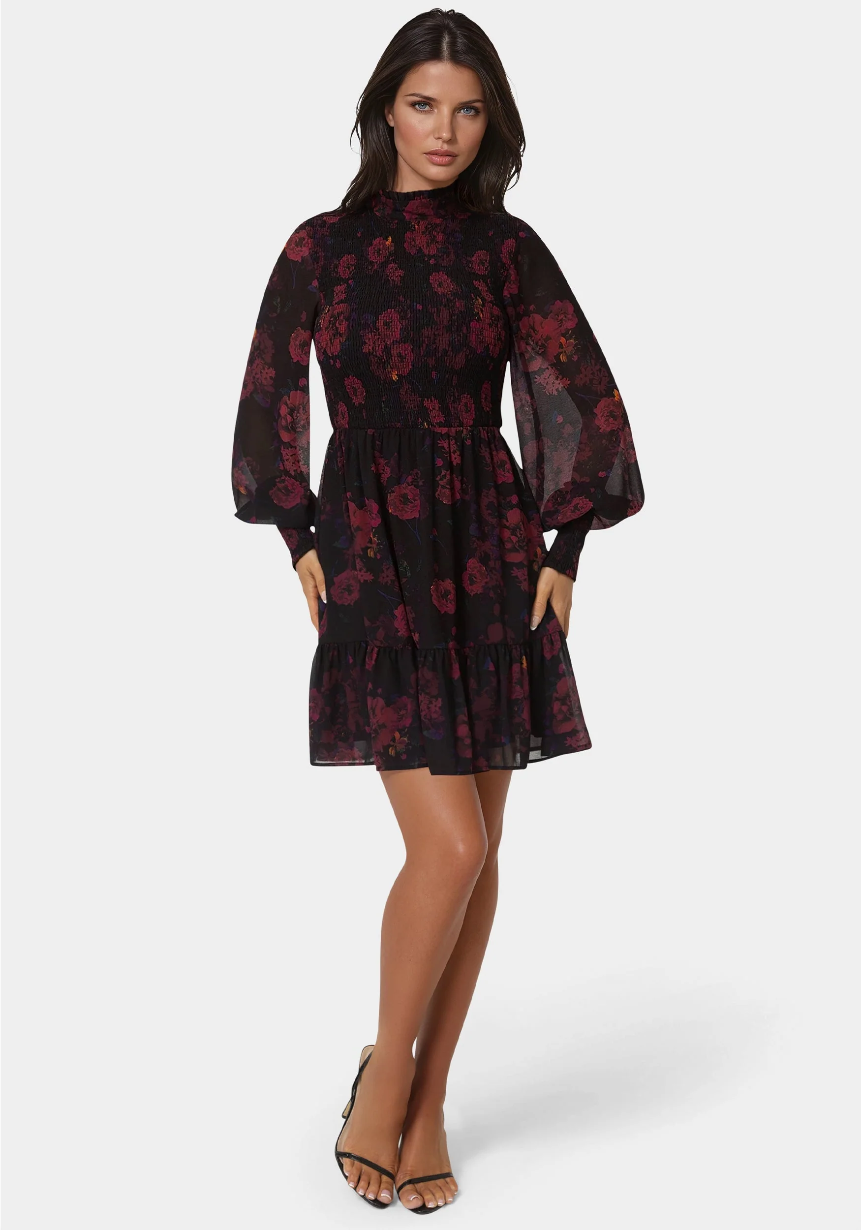2538-long-sleeve-mock-neck-chifon-smocked-mini-dress-1.webp Long Sleeve Mock Neck Chifon Smocked Mini Dress