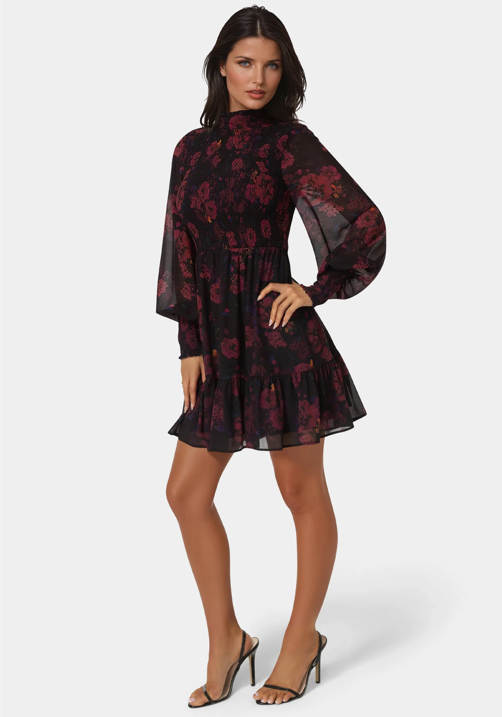 2538-long-sleeve-mock-neck-chifon-smocked-mini-dress-2.webp Long Sleeve Mock Neck Chifon Smocked Mini Dress