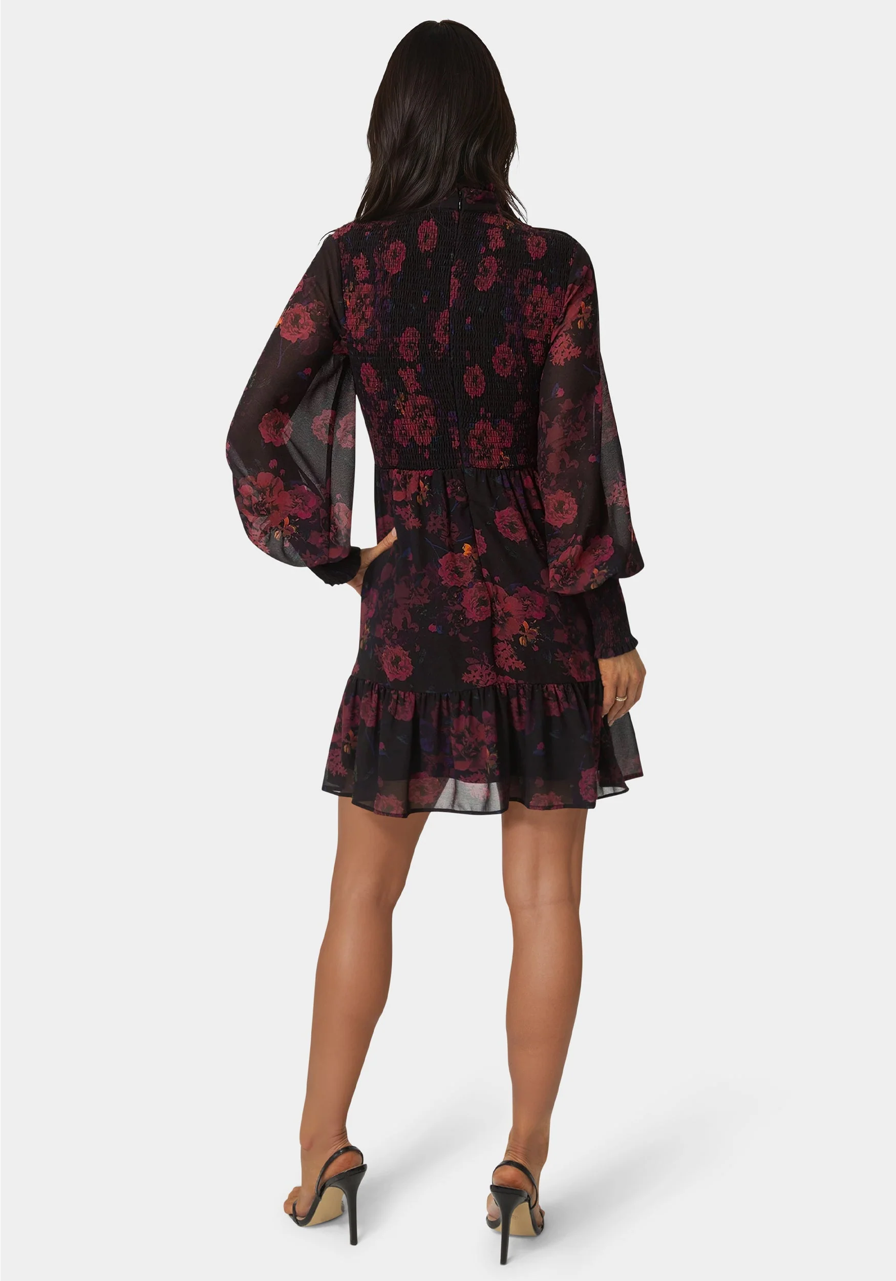 2538-long-sleeve-mock-neck-chifon-smocked-mini-dress-3.webp Long Sleeve Mock Neck Chifon Smocked Mini Dress