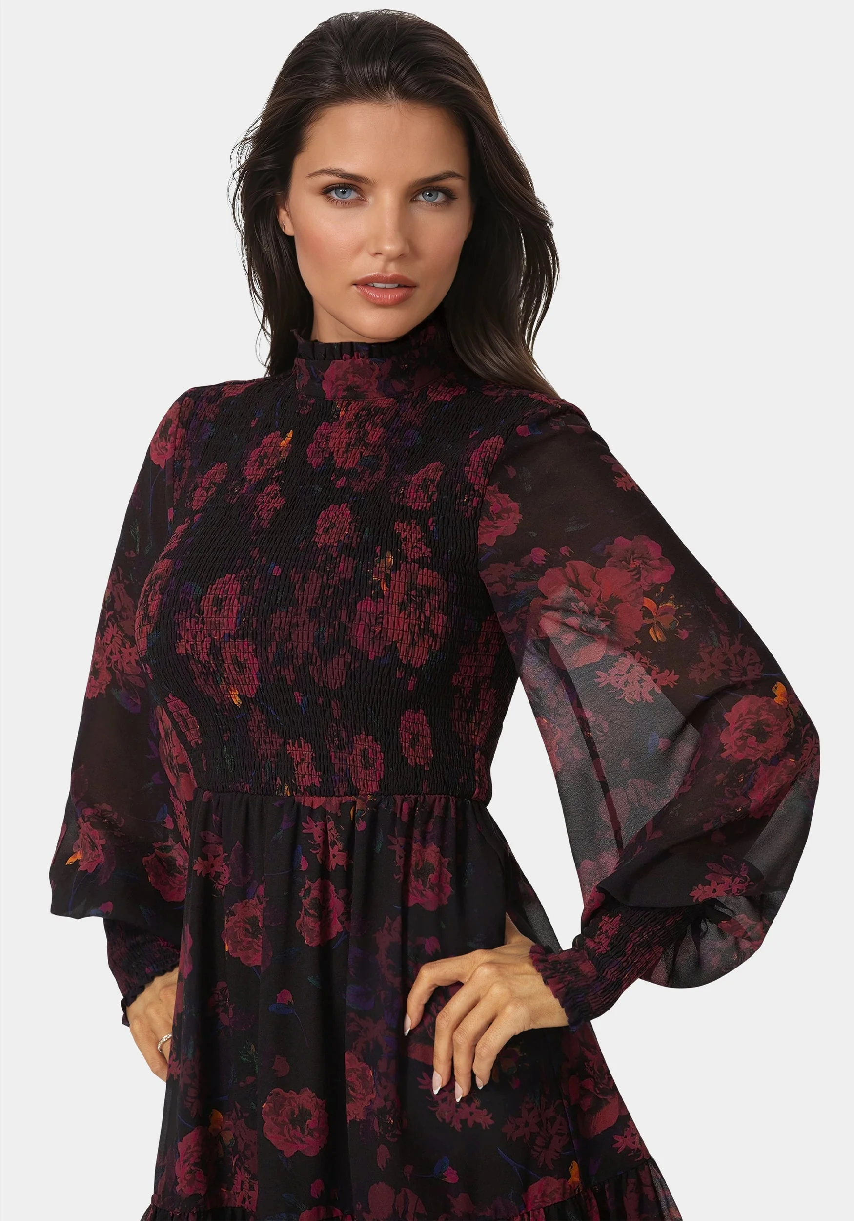 2538-long-sleeve-mock-neck-chifon-smocked-mini-dress-4.webp Long Sleeve Mock Neck Chifon Smocked Mini Dress