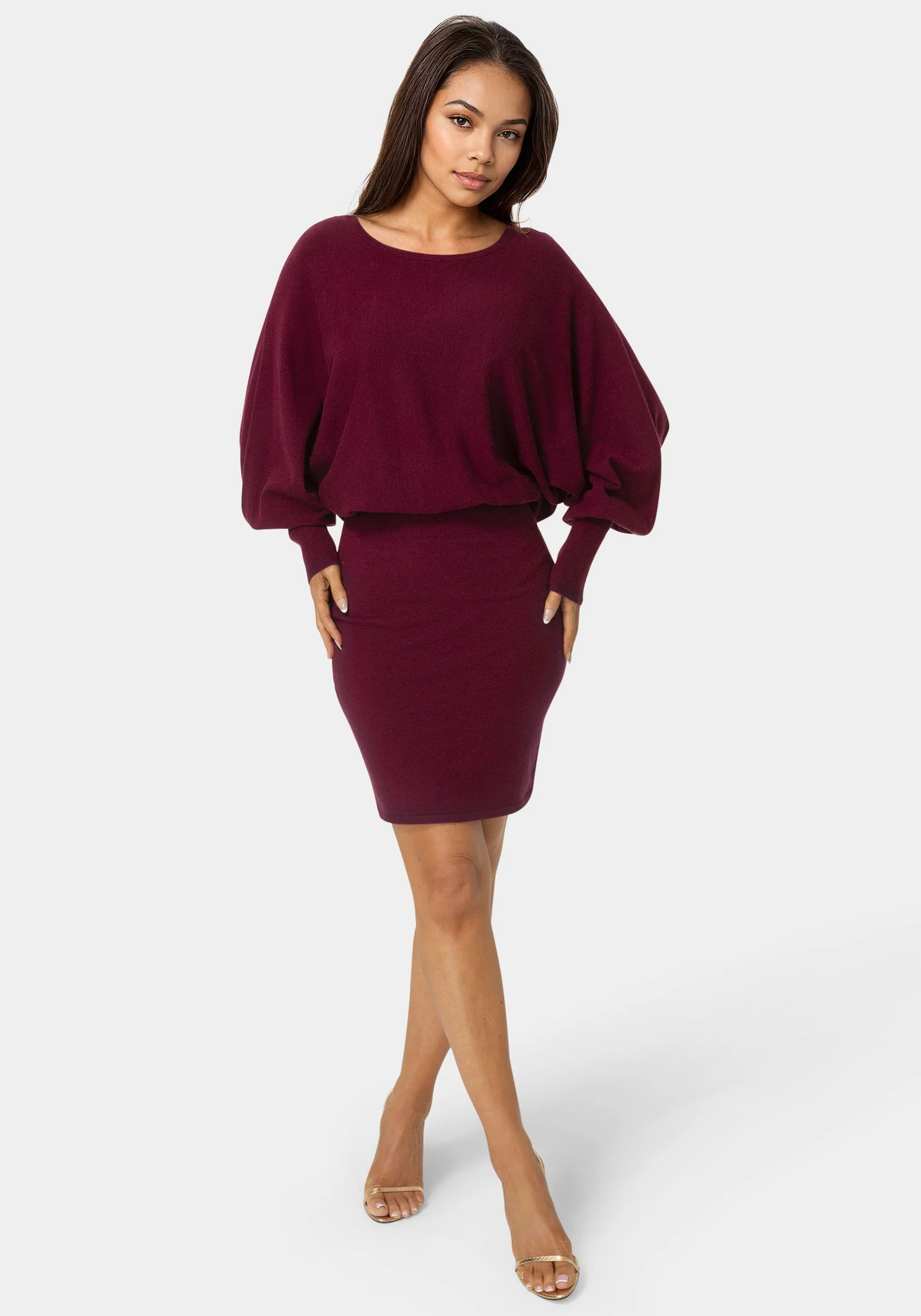 Scoop Neck Blouson Sweater Midi Dress