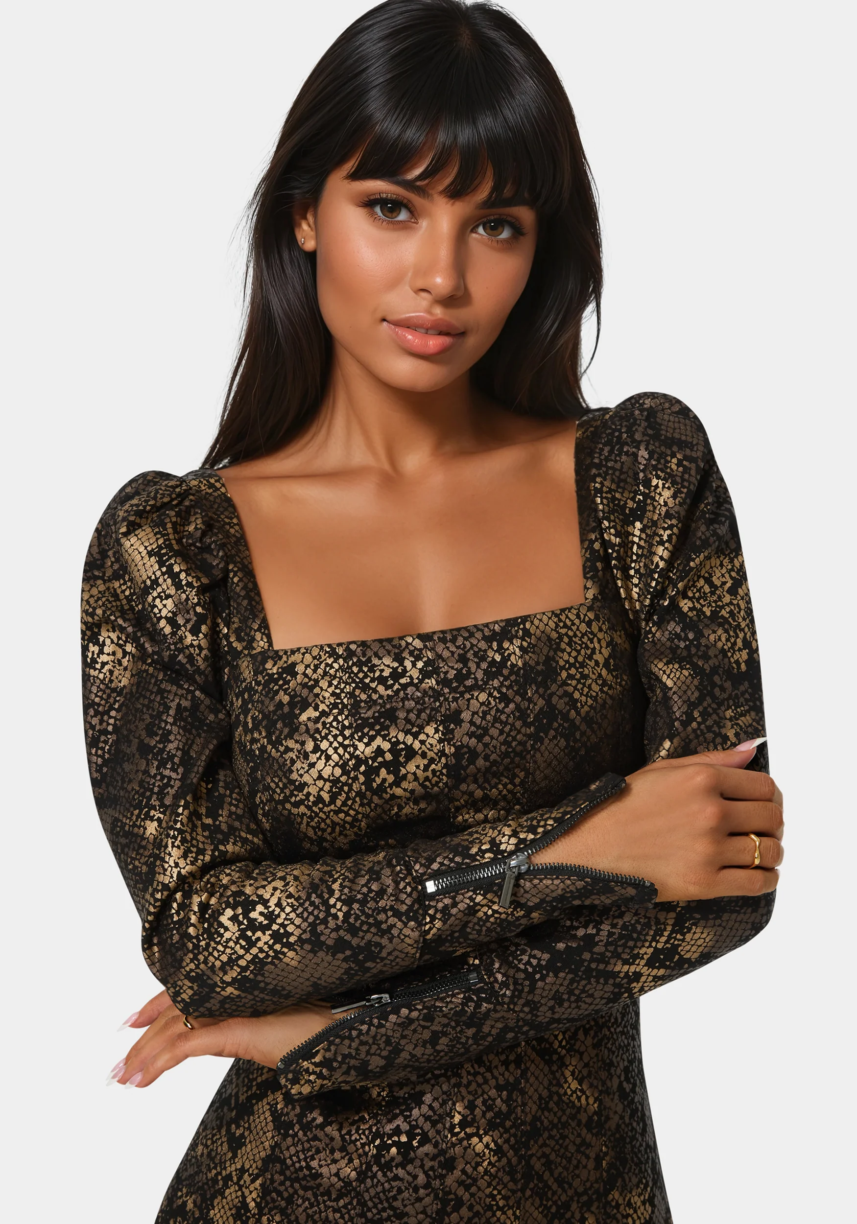 3846-puff-sleeve-fitted-foil-print-denim-dress-4.webp Puff Sleeve Fitted Foil Print Denim Dress