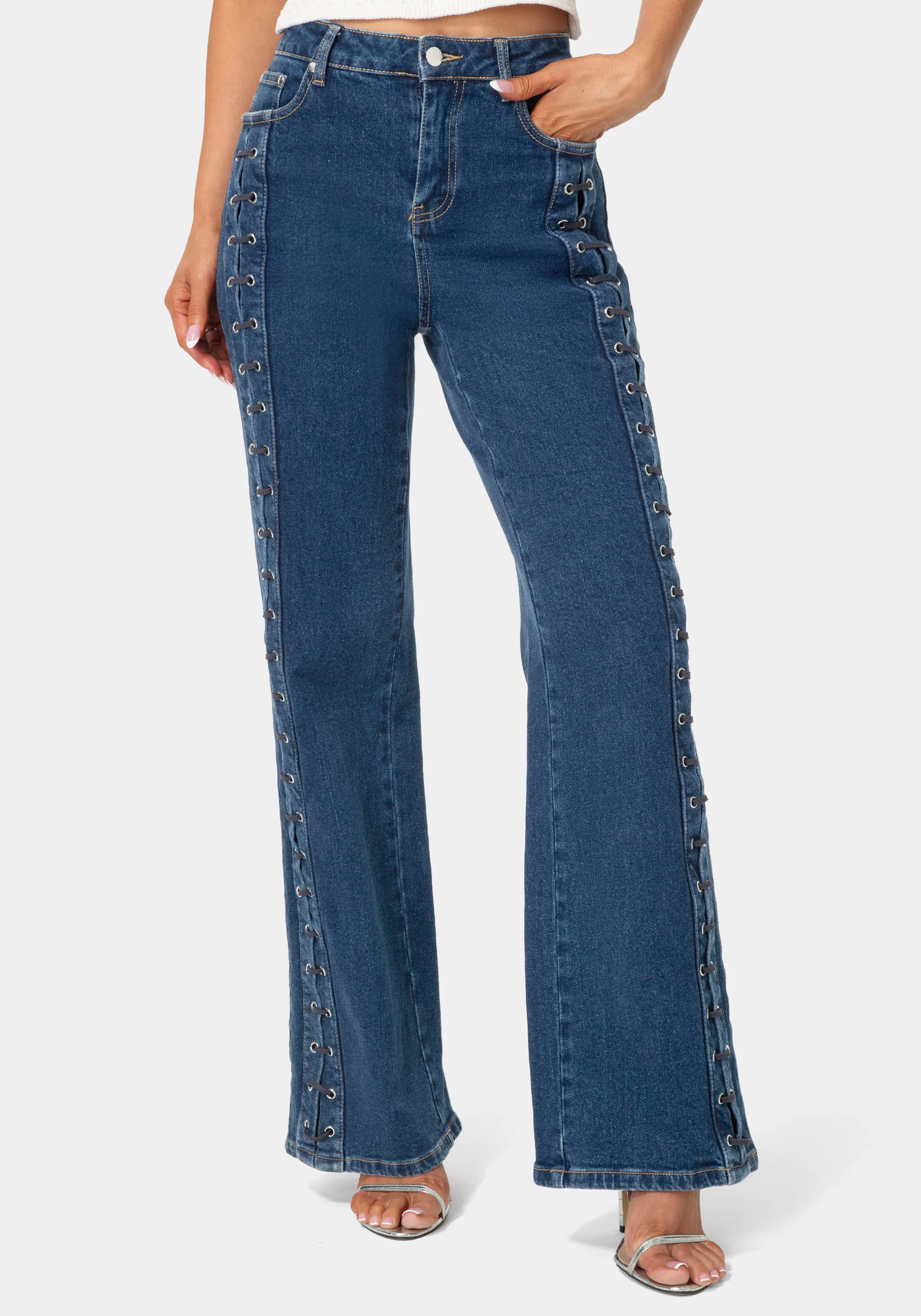 High Waist Eyelet Lace Up Wide Leg Jean