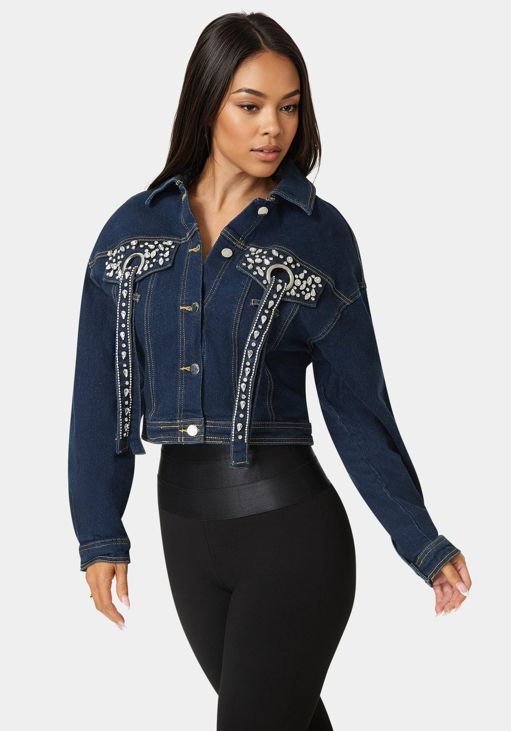 Button Front Stud Detail Denim Jacket