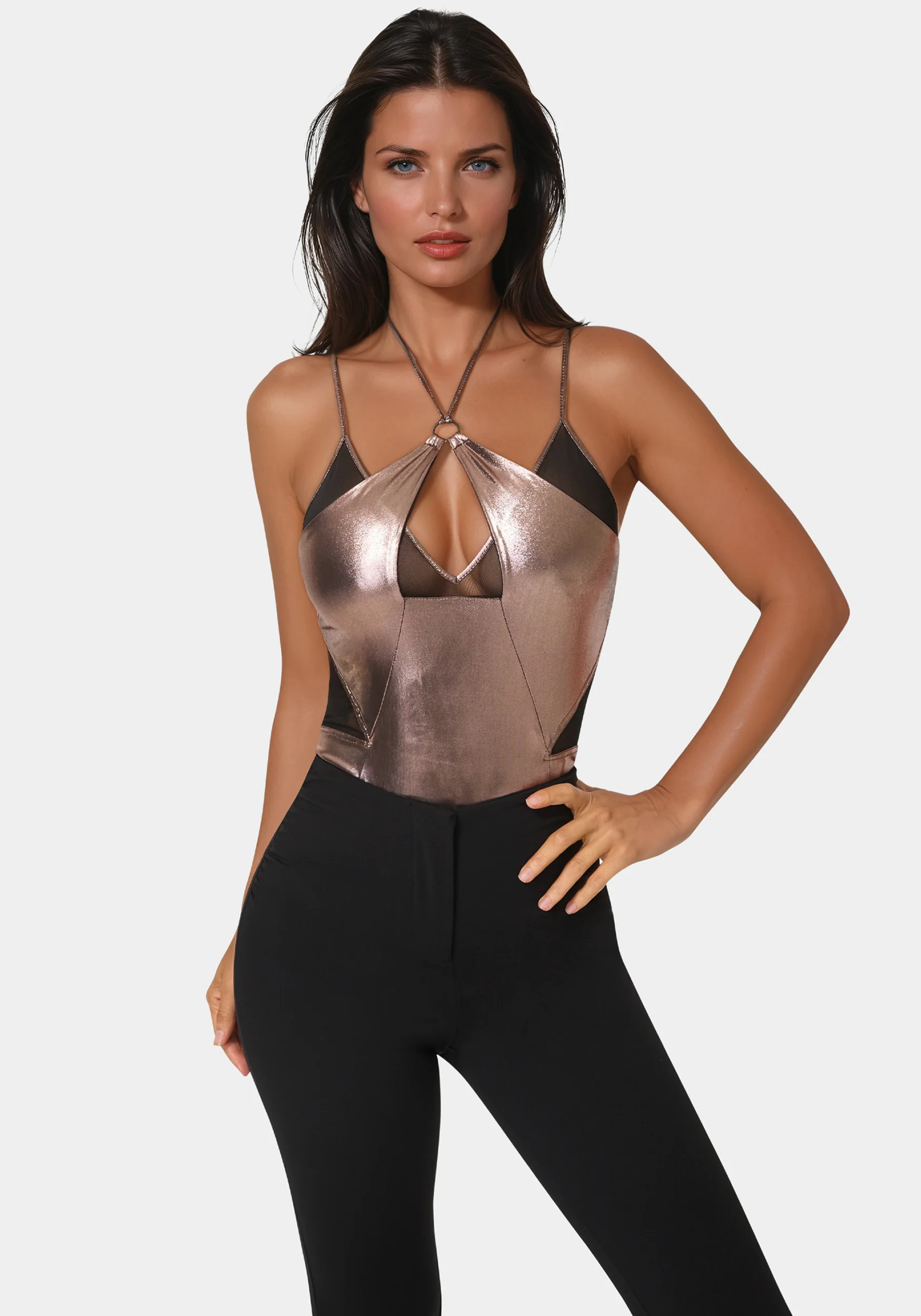 Metallic Foil Halter Neck Mesh Combo Bodysuit