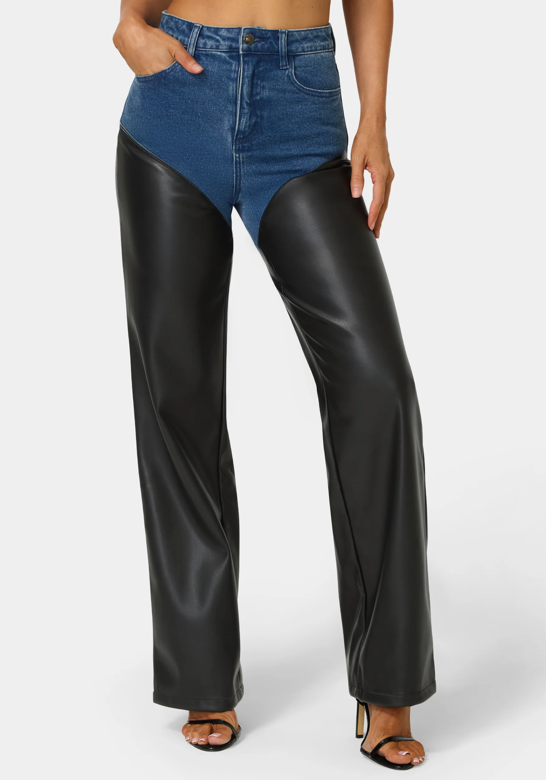 4013-high-waist-vegan-leather-combo-wide-leg-jean-1.webp High Waist Vegan Leather Combo Wide Leg Jean