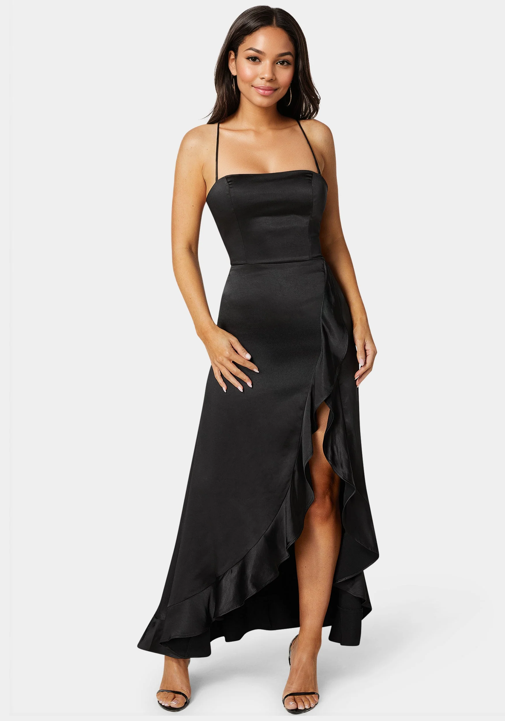 Satin Ruffle Maxi Lace Up Back