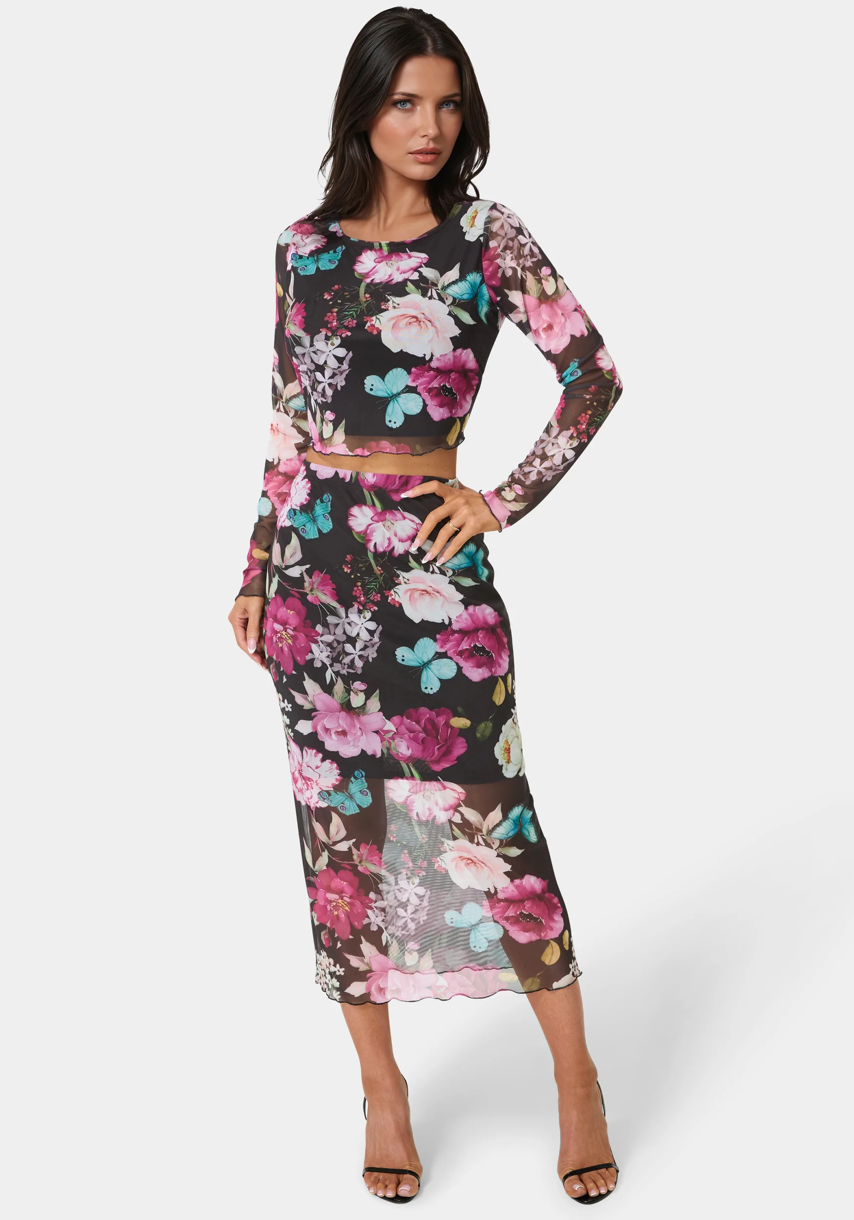 Mesh Printed Two Piece Long Sleeve Set