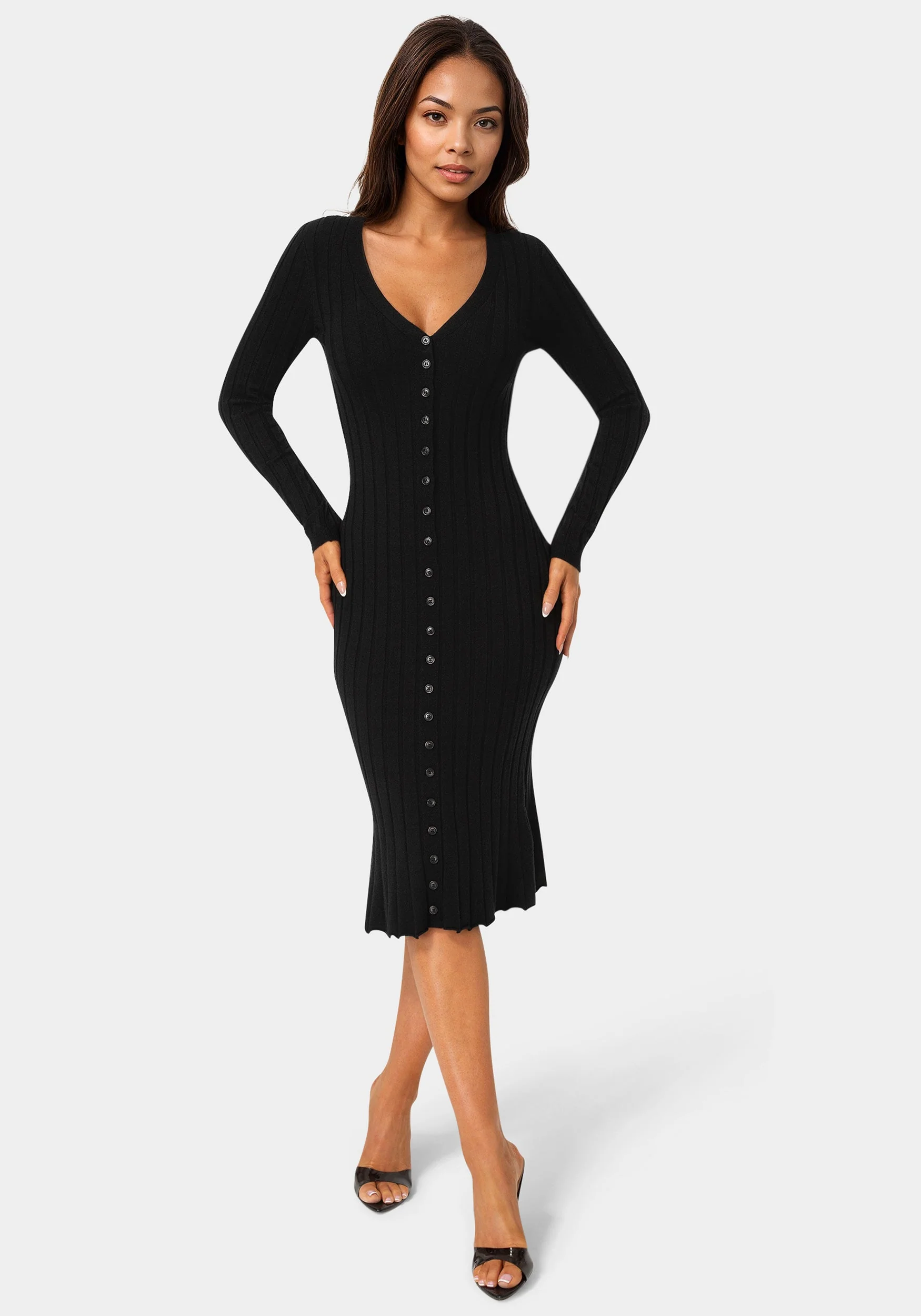Button Front V-Neck Sweater Midi Dress