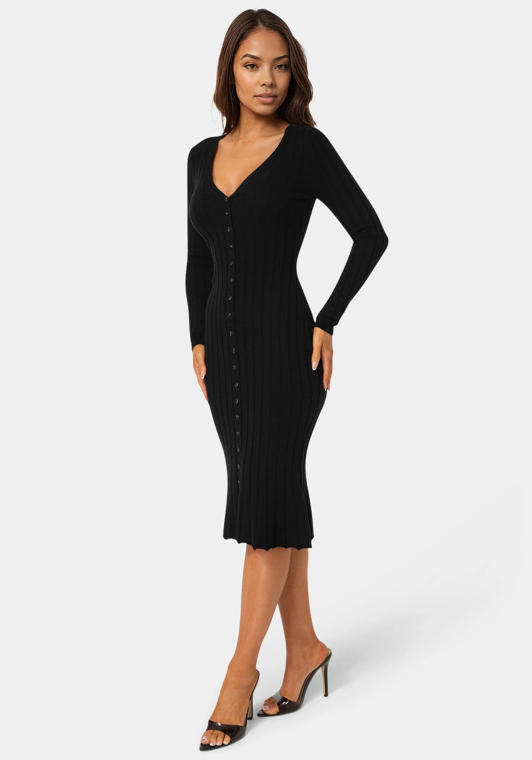 Button Front V-Neck Sweater Midi Dress