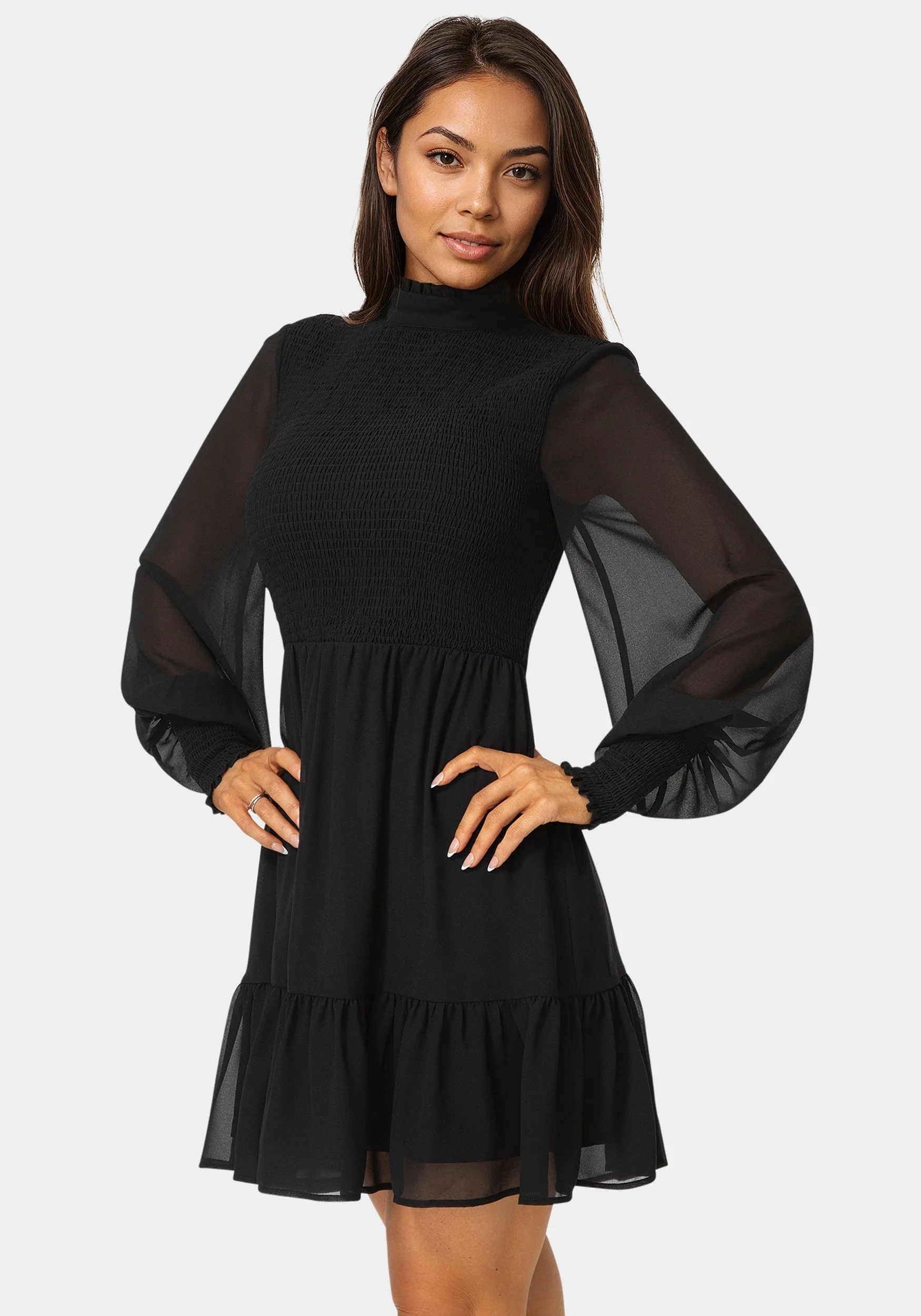 Long Sleeve Mock Neck Chifon Smocked Mini Dress