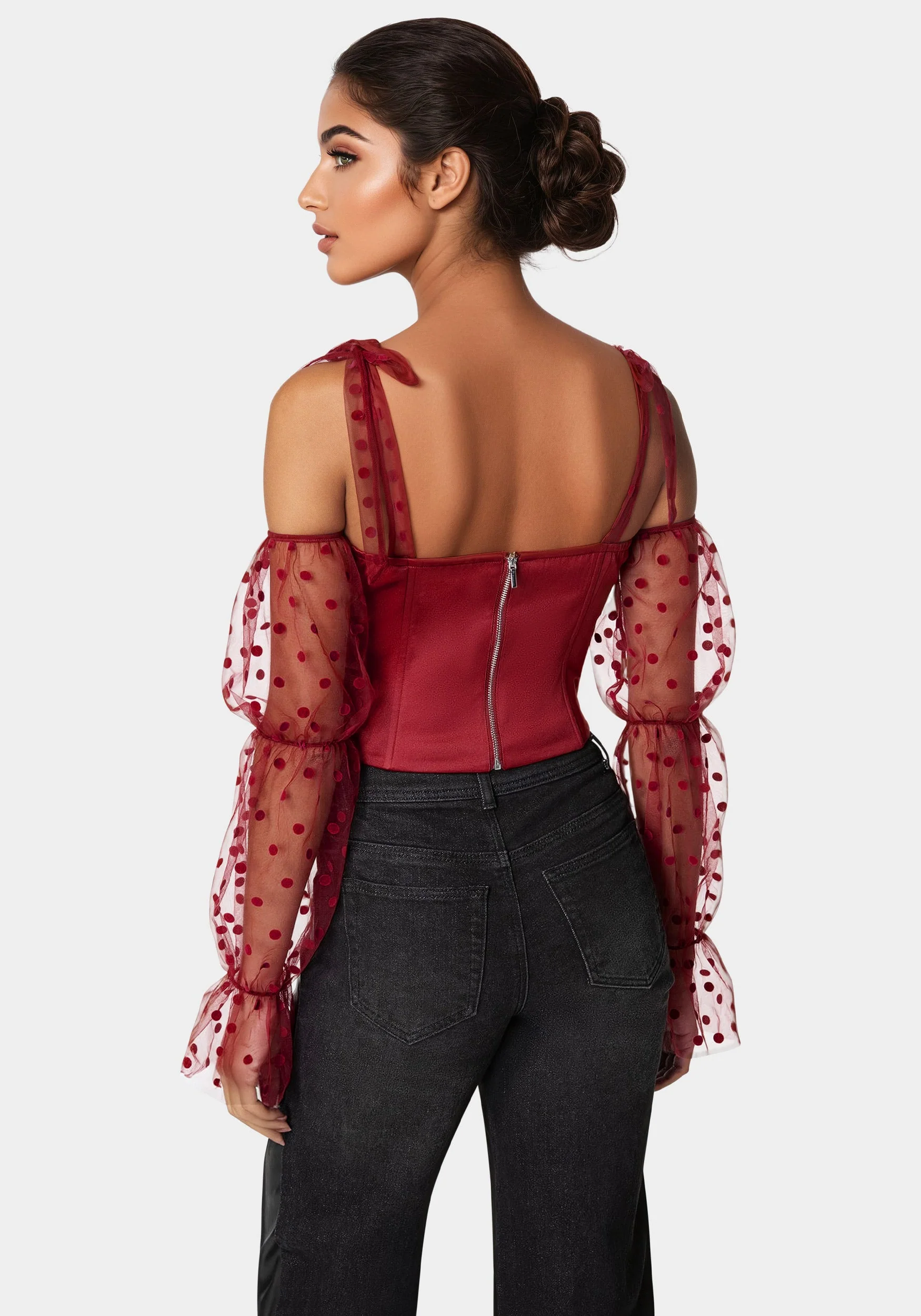 7254-swiss-dot-sleeve-satin-corset-3.webp Swiss Dot Sleeve Satin Corset