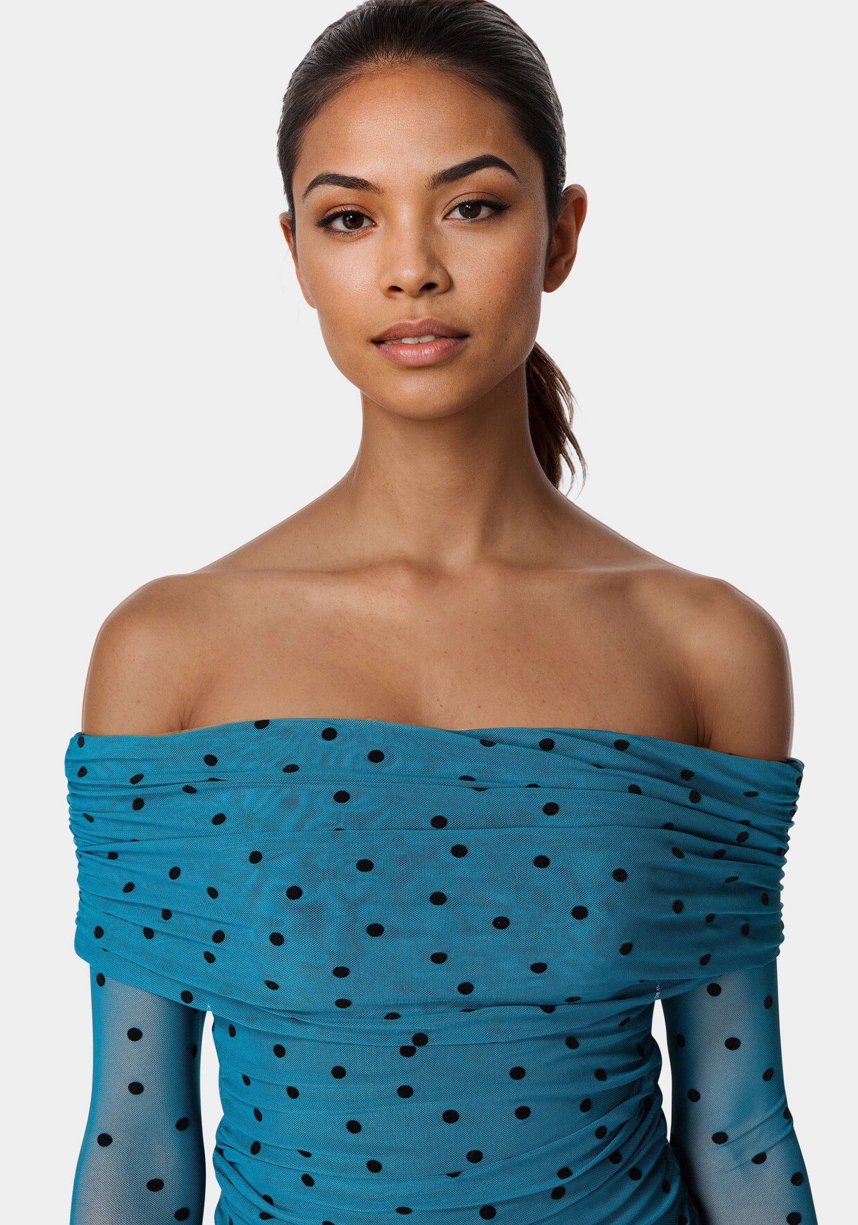 7334-off-shoulder-flocked-mesh-top-2.jpg Off Shoulder Flocked Mesh Top