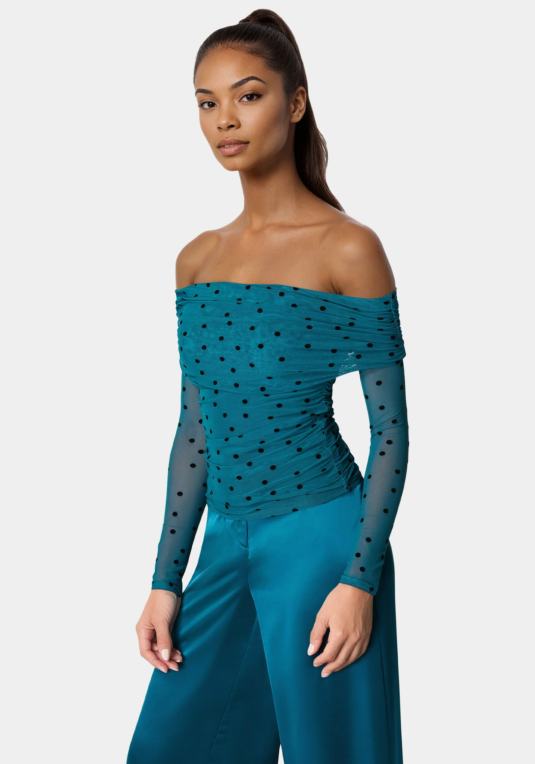 7334-off-shoulder-flocked-mesh-top-3.webp Off Shoulder Flocked Mesh Top
