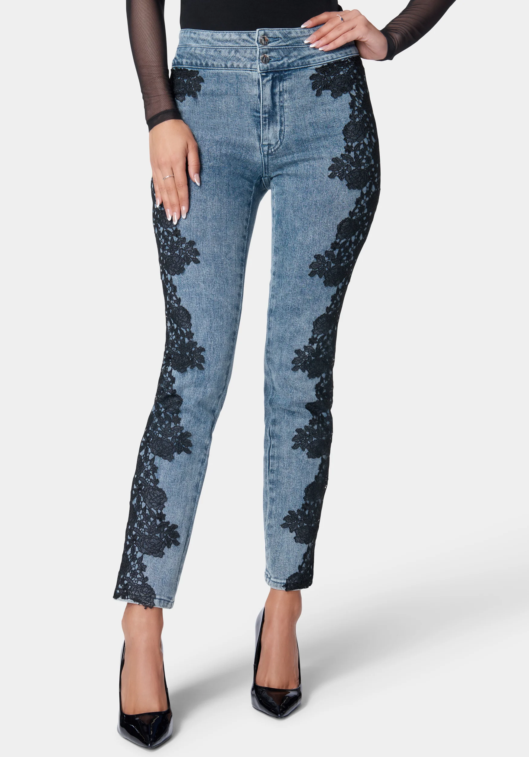 7950-high-waist-lace-applique-slim-leg-denim-jeans-1.webp High Waist Lace Applique Slim Leg Denim Jeans