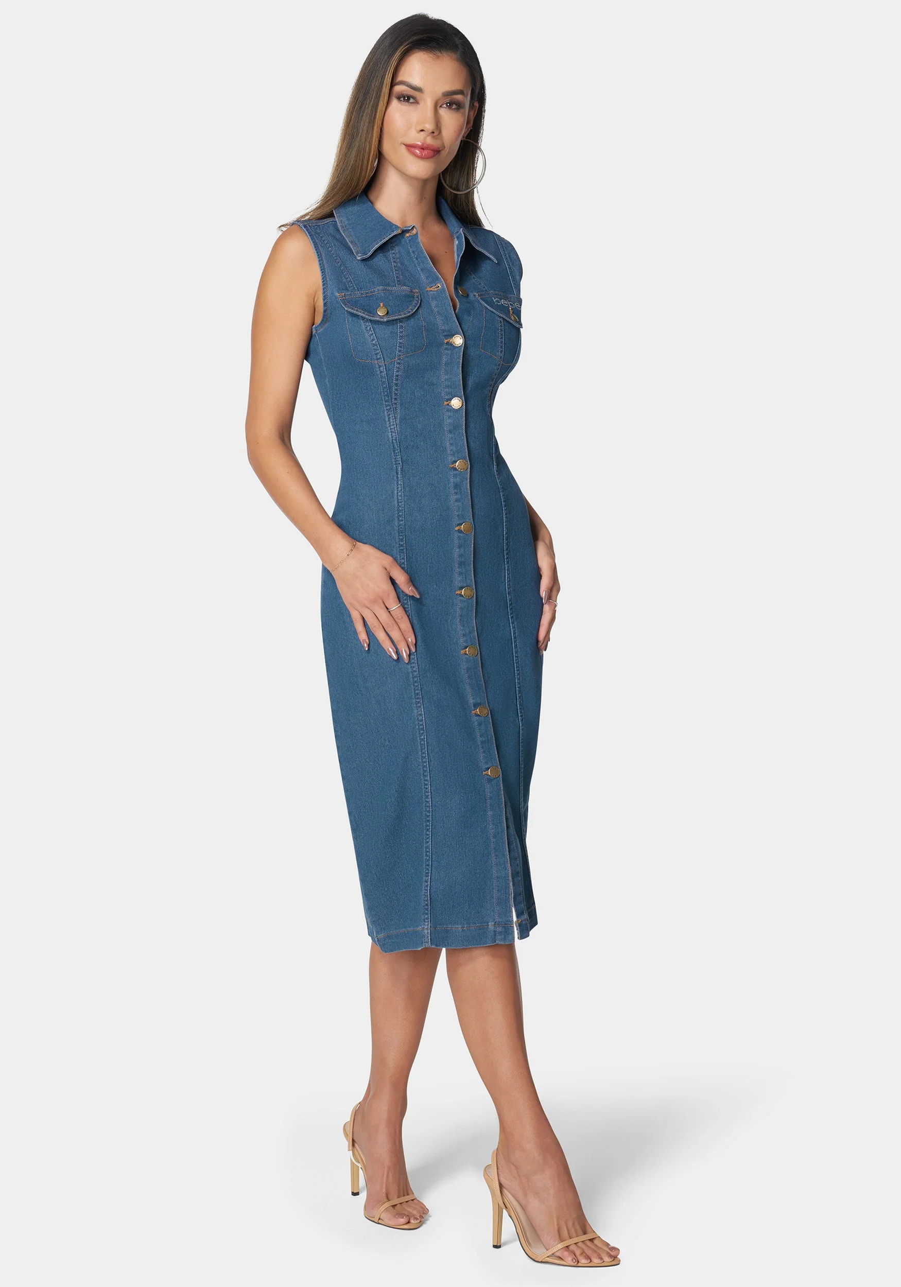 Sleeveless Front Button Denim Dress