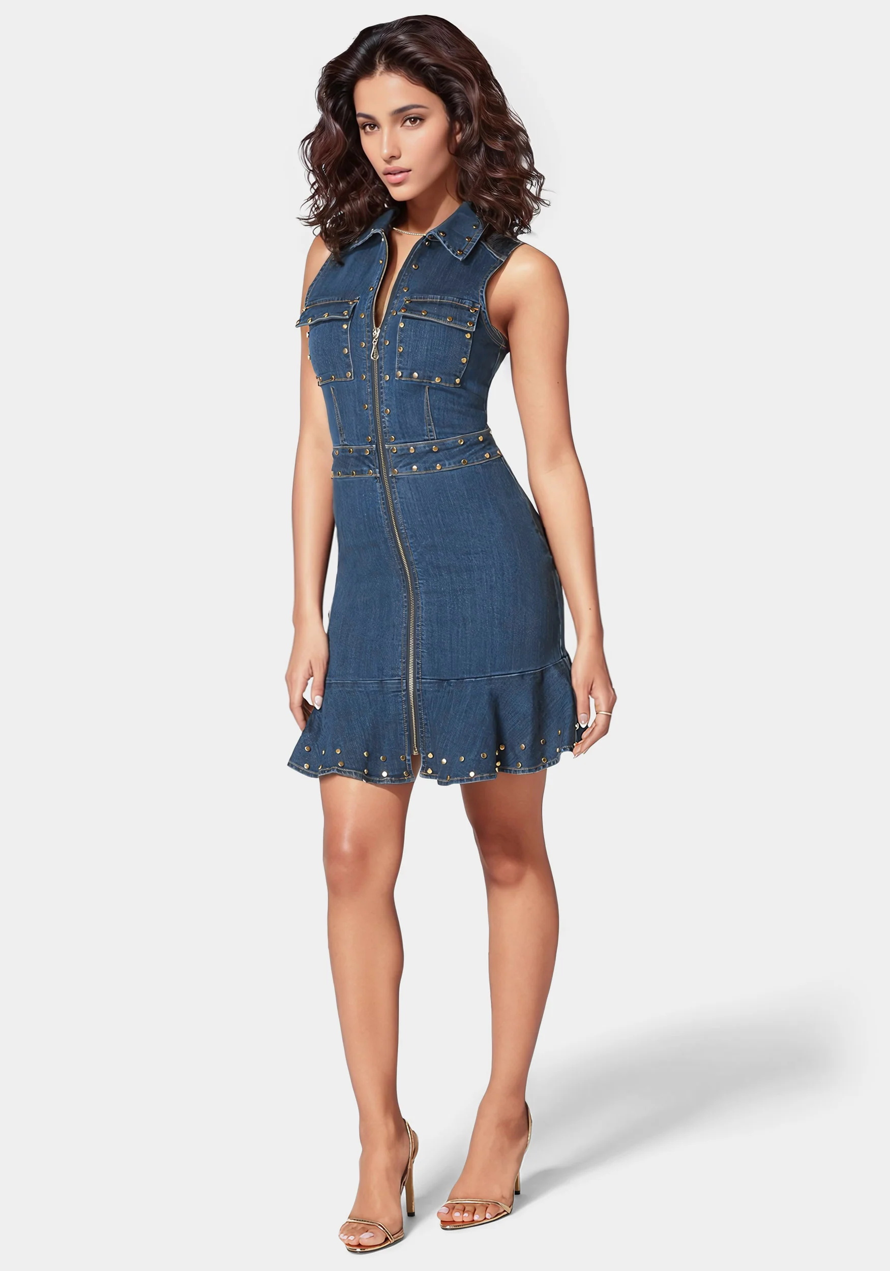 8681-zip-front-stud-detail-fit-and-flare-denim-dress-2.webp Zip Front Stud Detail Fit And Flare Denim Dress