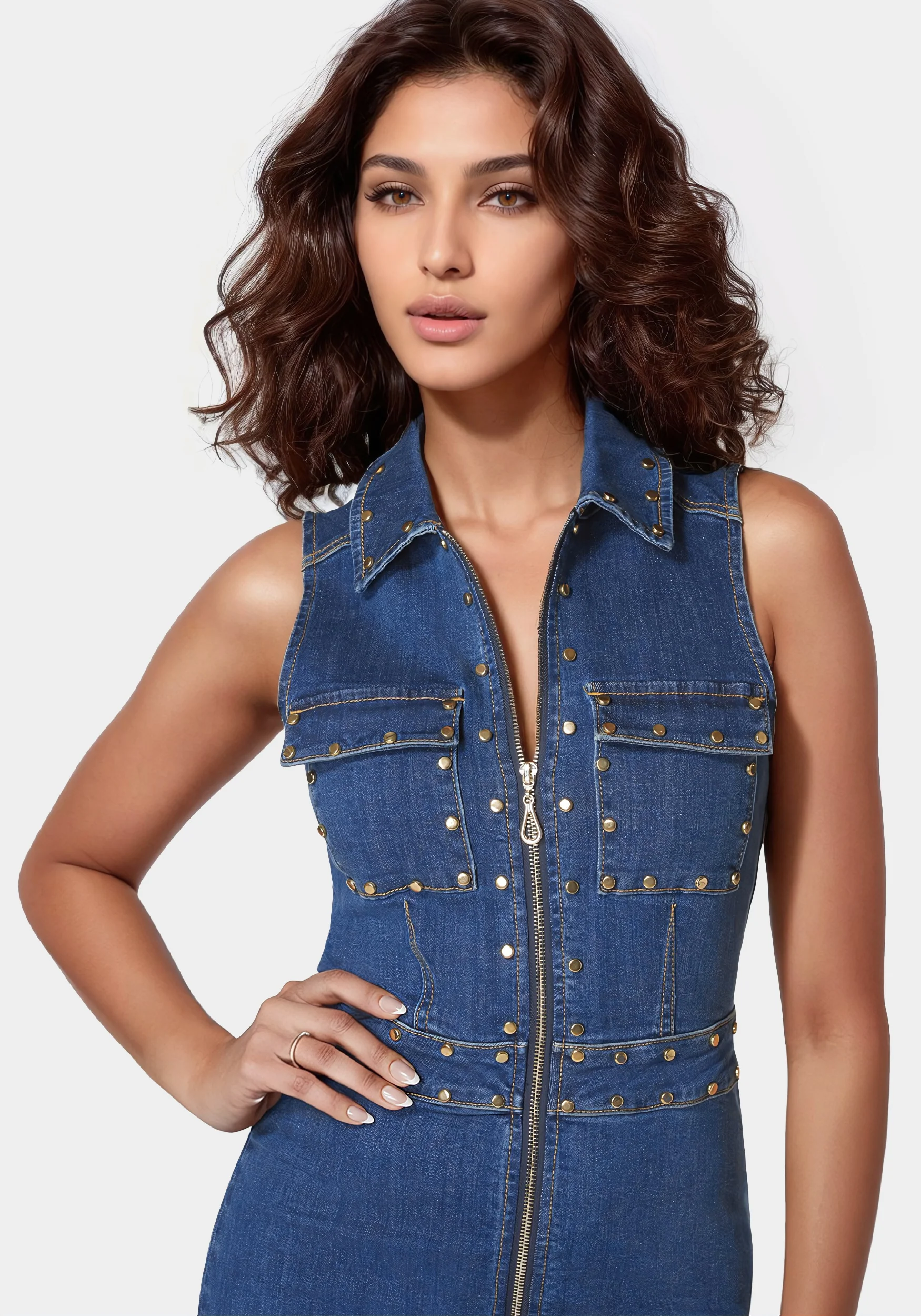 8681-zip-front-stud-detail-fit-and-flare-denim-dress-4.webp Zip Front Stud Detail Fit And Flare Denim Dress
