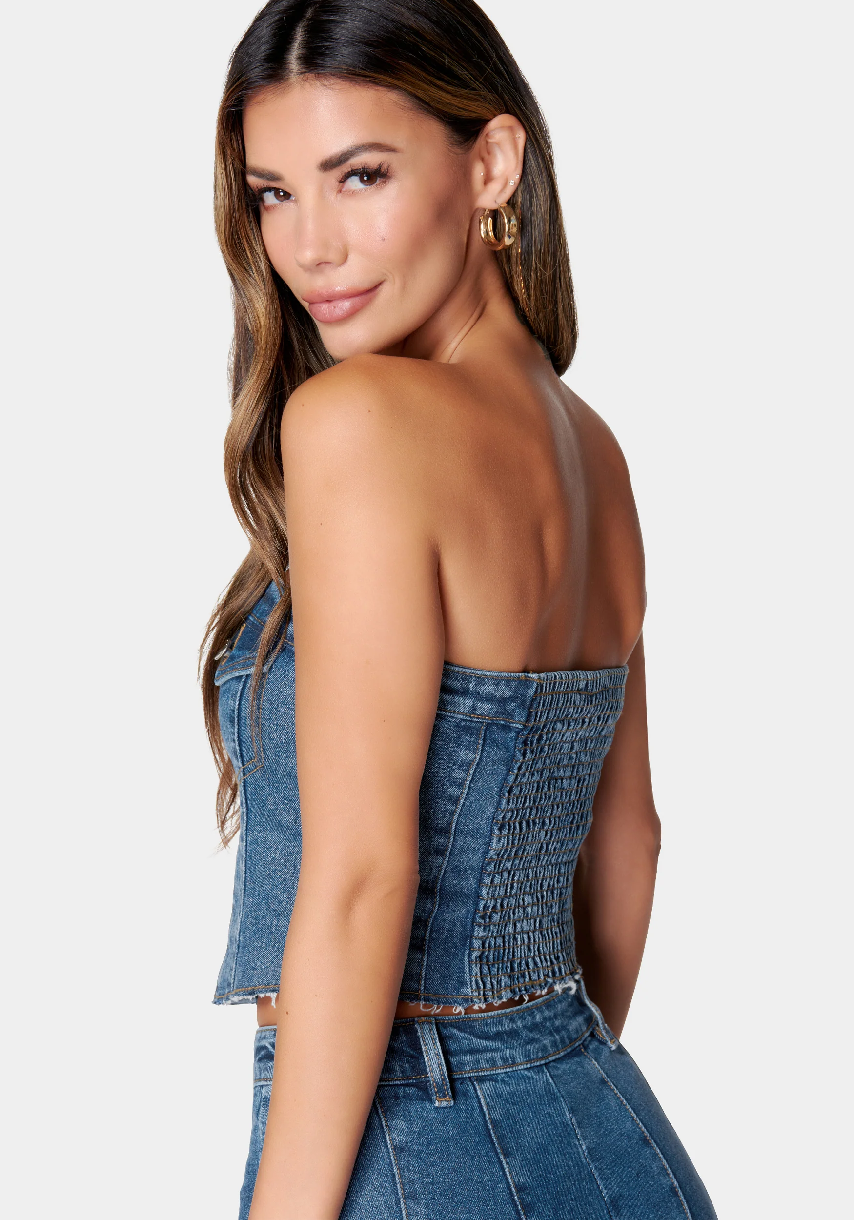 9138-zip-front-smocked-back-denim-bustier-3.webp Zip Front Smocked Back Denim Bustier