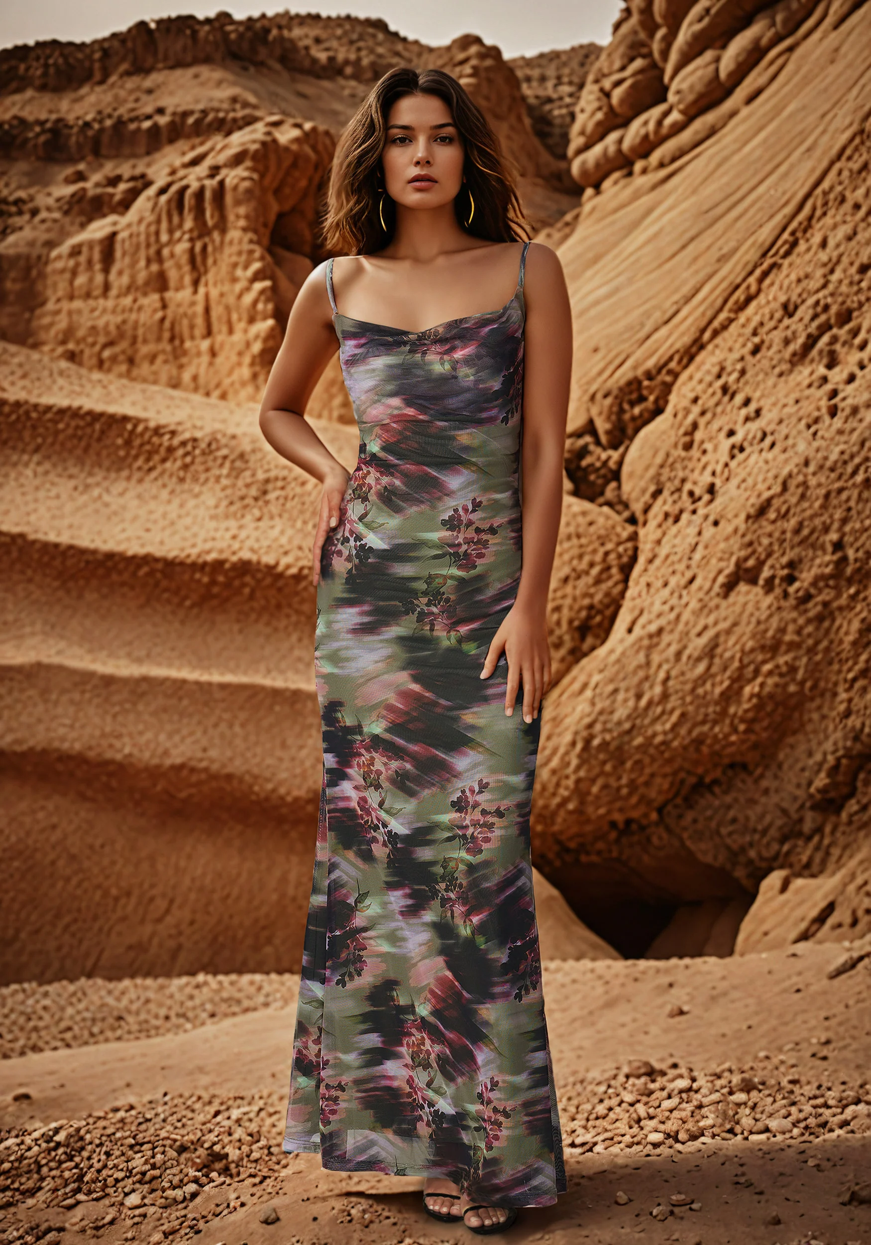 Printed Mesh Cowl Gown
