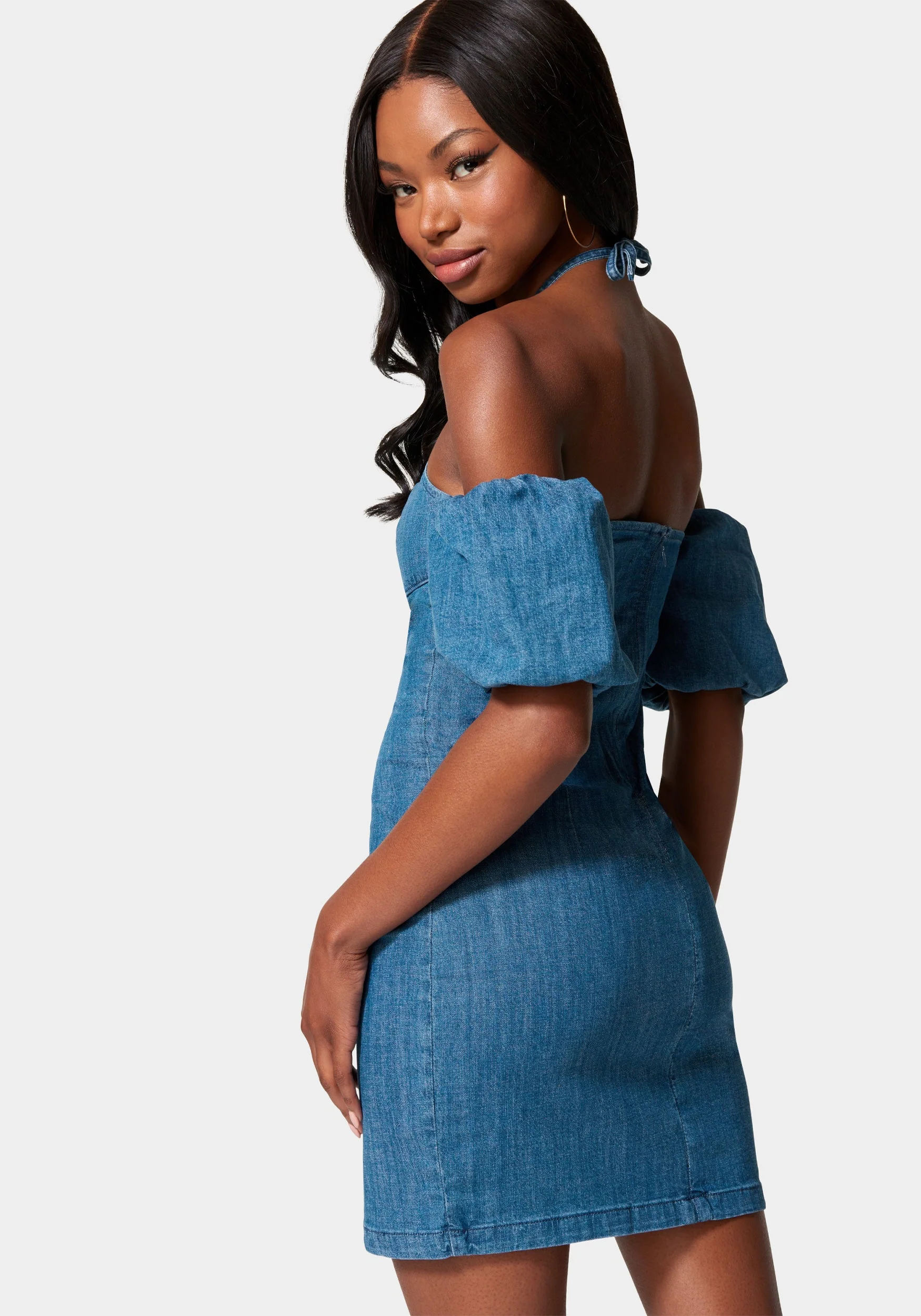 964-off-shoulder-bubble-sleeve-denim-dress-3.webp Off Shoulder Bubble Sleeve Denim Dress