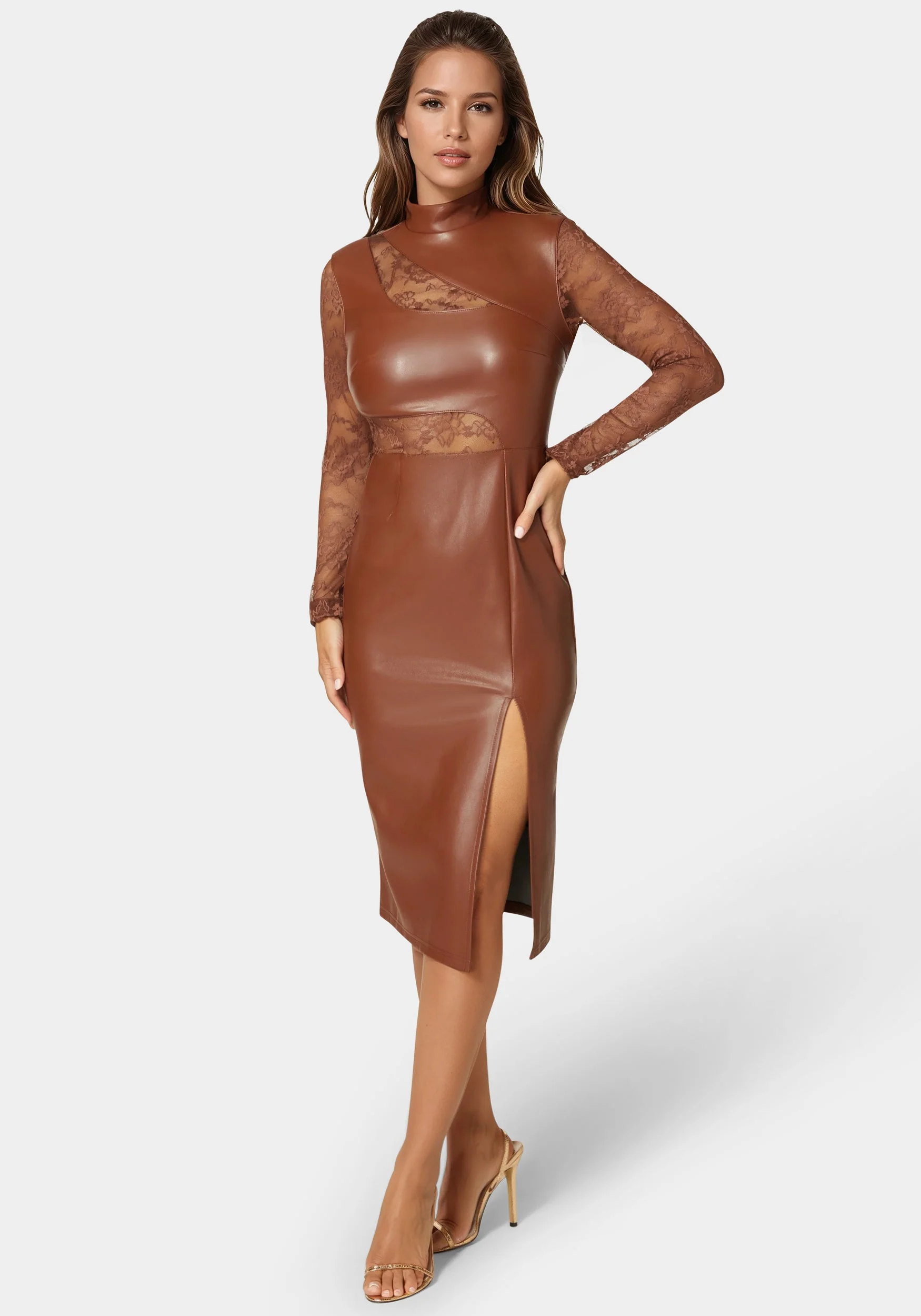 Faux Leather Lace Illusion Midi Dress