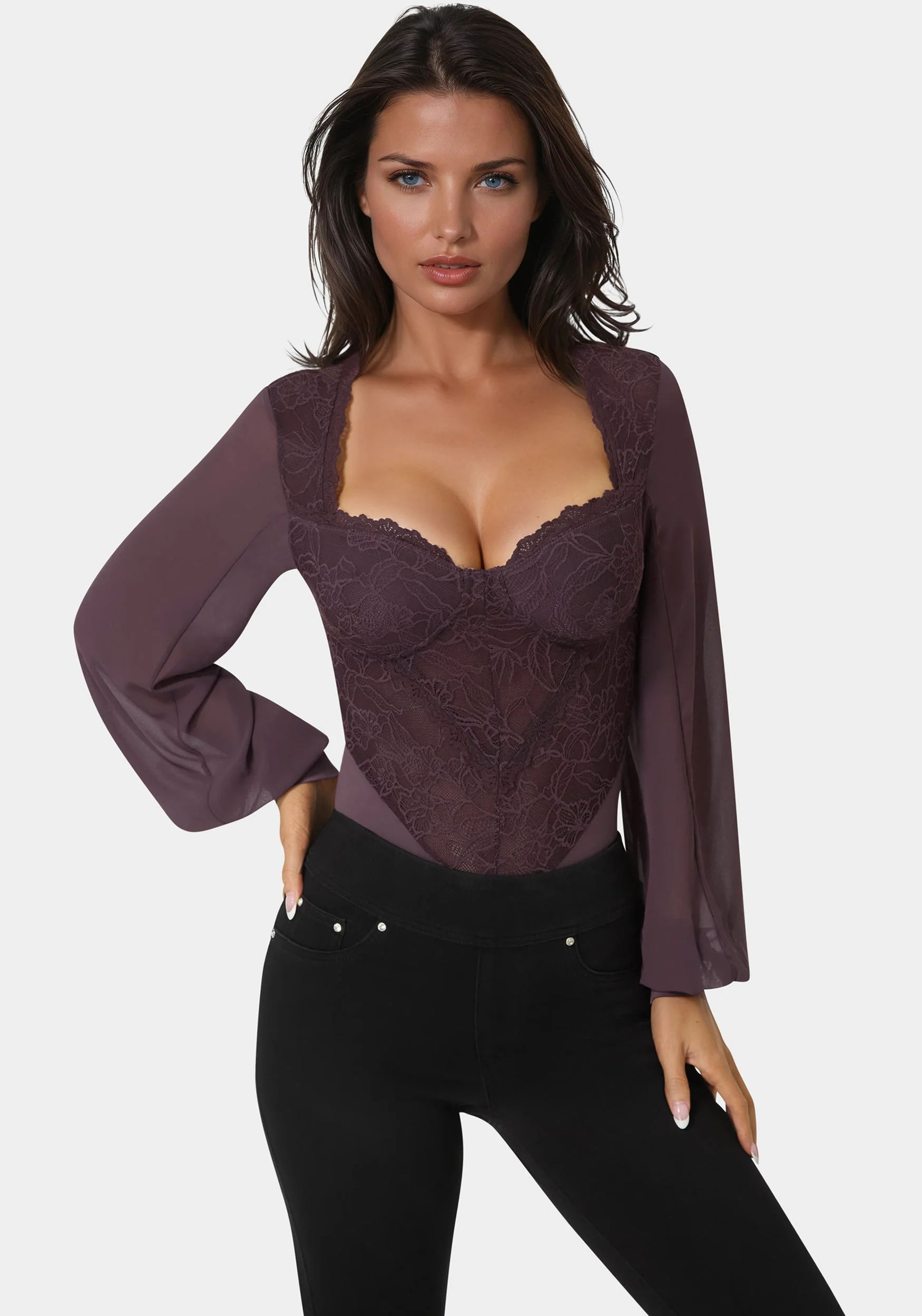 Lace Chiffon Long Sleeve Bodysuit